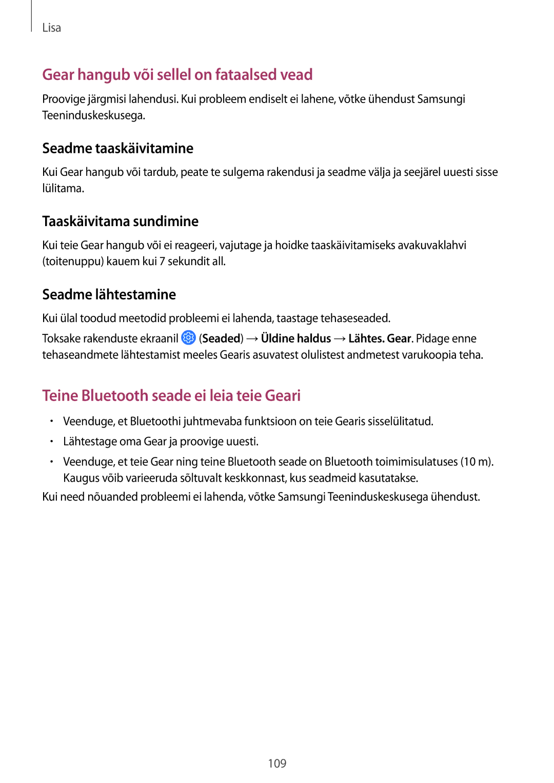 Samsung SM-R600NZBASEB, SM-R600NZKASEB manual Seadme taaskäivitamine, Taaskäivitama sundimine, Seadme lähtestamine 