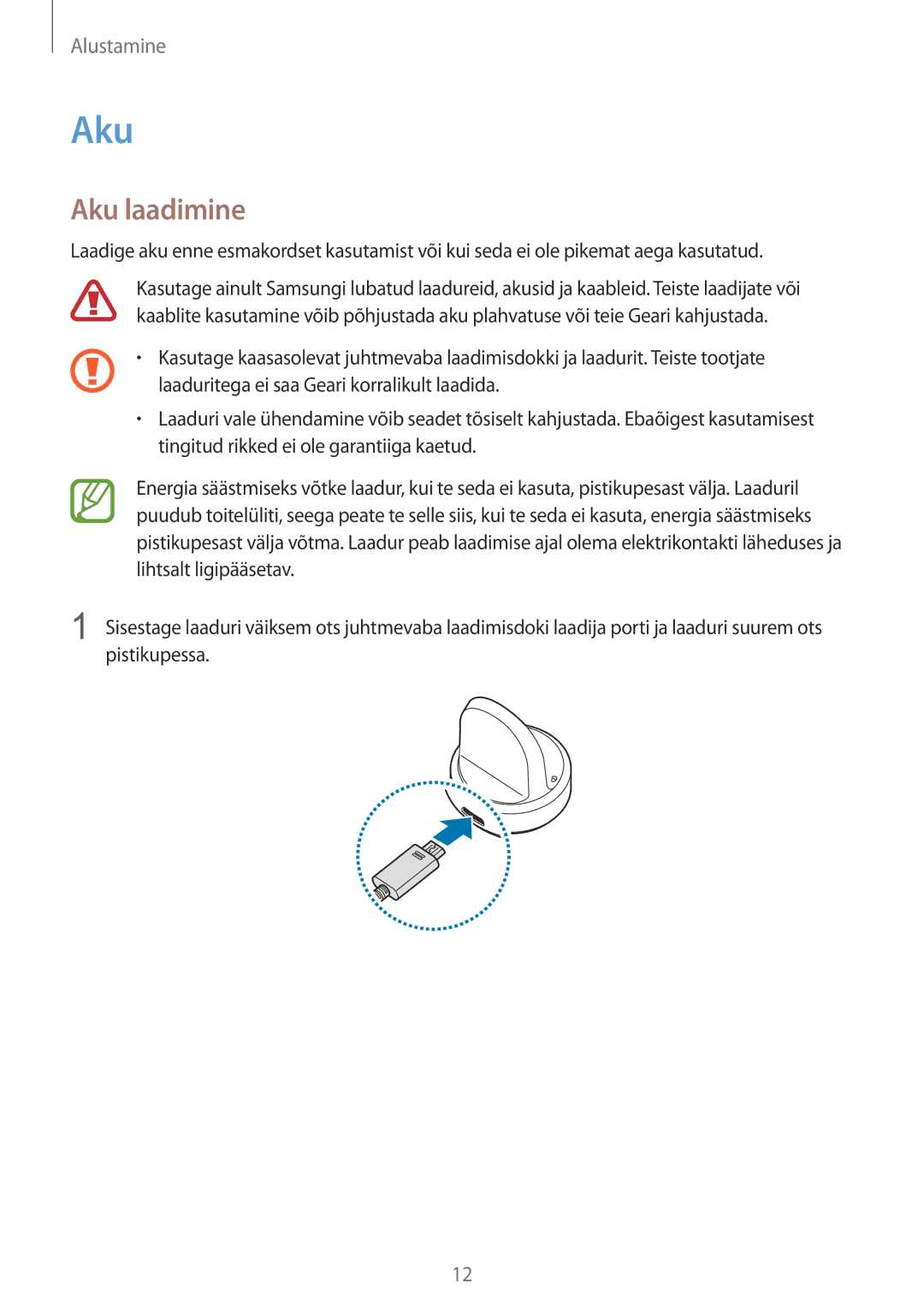 Samsung SM-R600NZKASEB, SM-R600NZBASEB manual Aku laadimine 