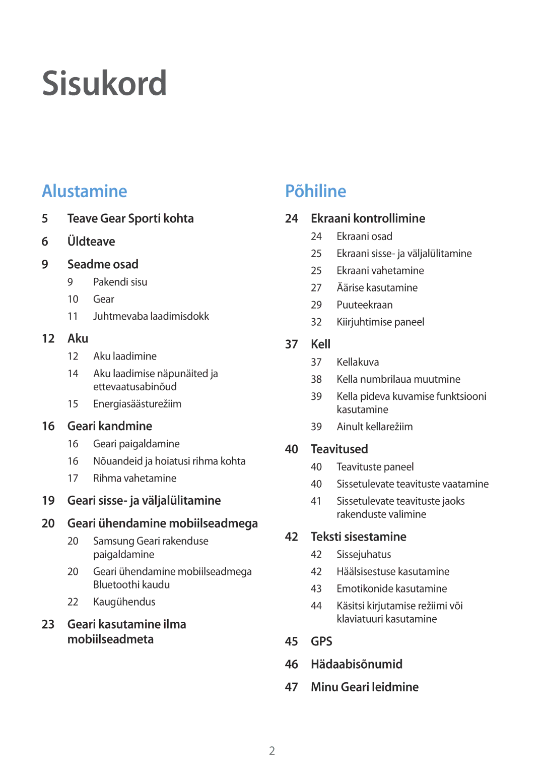 Samsung SM-R600NZKASEB, SM-R600NZBASEB manual Sisukord, Geari ühendamine mobiilseadmega 