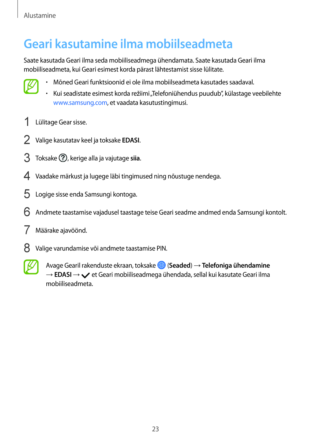 Samsung SM-R600NZBASEB, SM-R600NZKASEB manual Geari kasutamine ilma mobiilseadmeta 