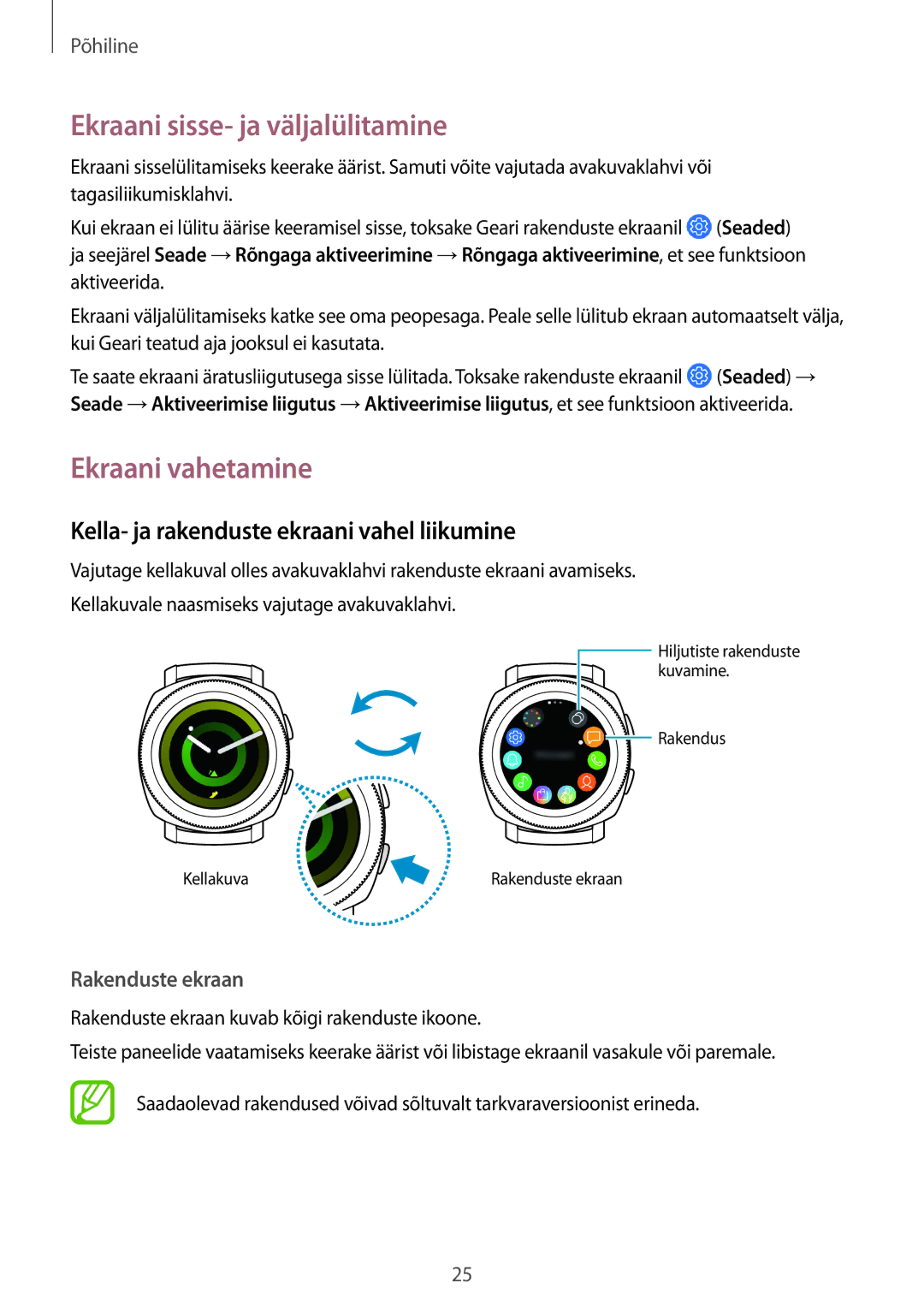 Samsung SM-R600NZBASEB Ekraani sisse- ja väljalülitamine, Ekraani vahetamine, Kella- ja rakenduste ekraani vahel liikumine 