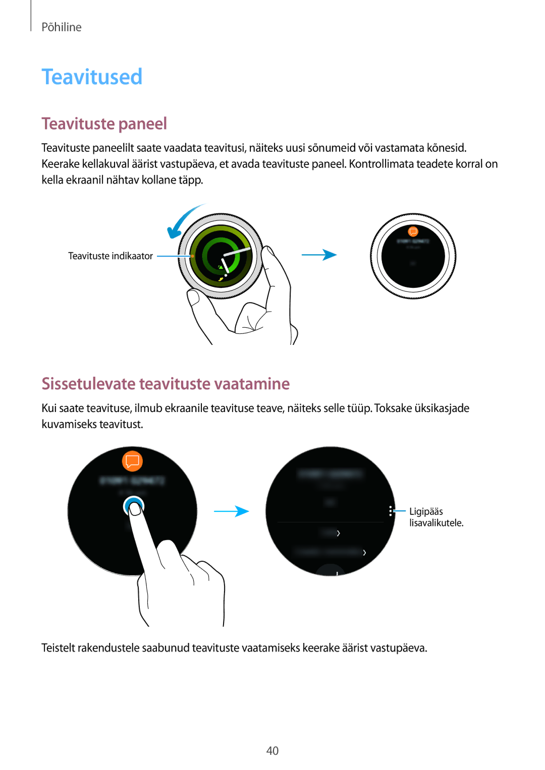 Samsung SM-R600NZKASEB, SM-R600NZBASEB manual Teavitused, Teavituste paneel, Sissetulevate teavituste vaatamine 