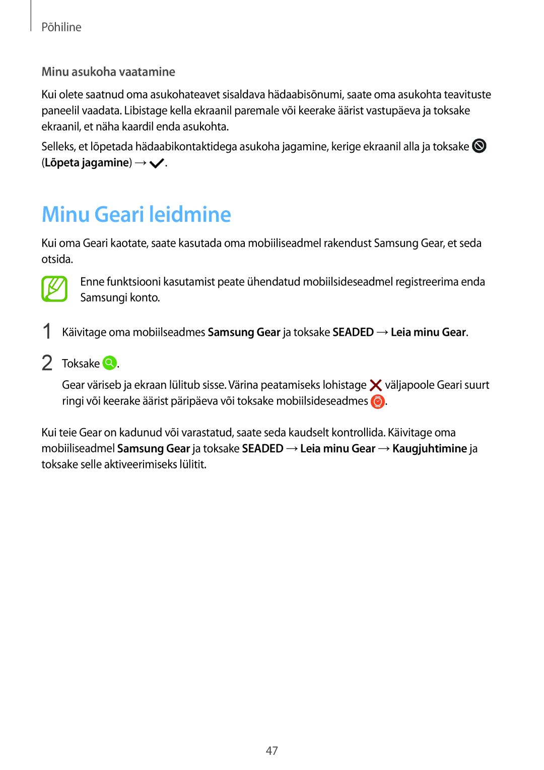 Samsung SM-R600NZBASEB, SM-R600NZKASEB manual Minu Geari leidmine, Minu asukoha vaatamine 