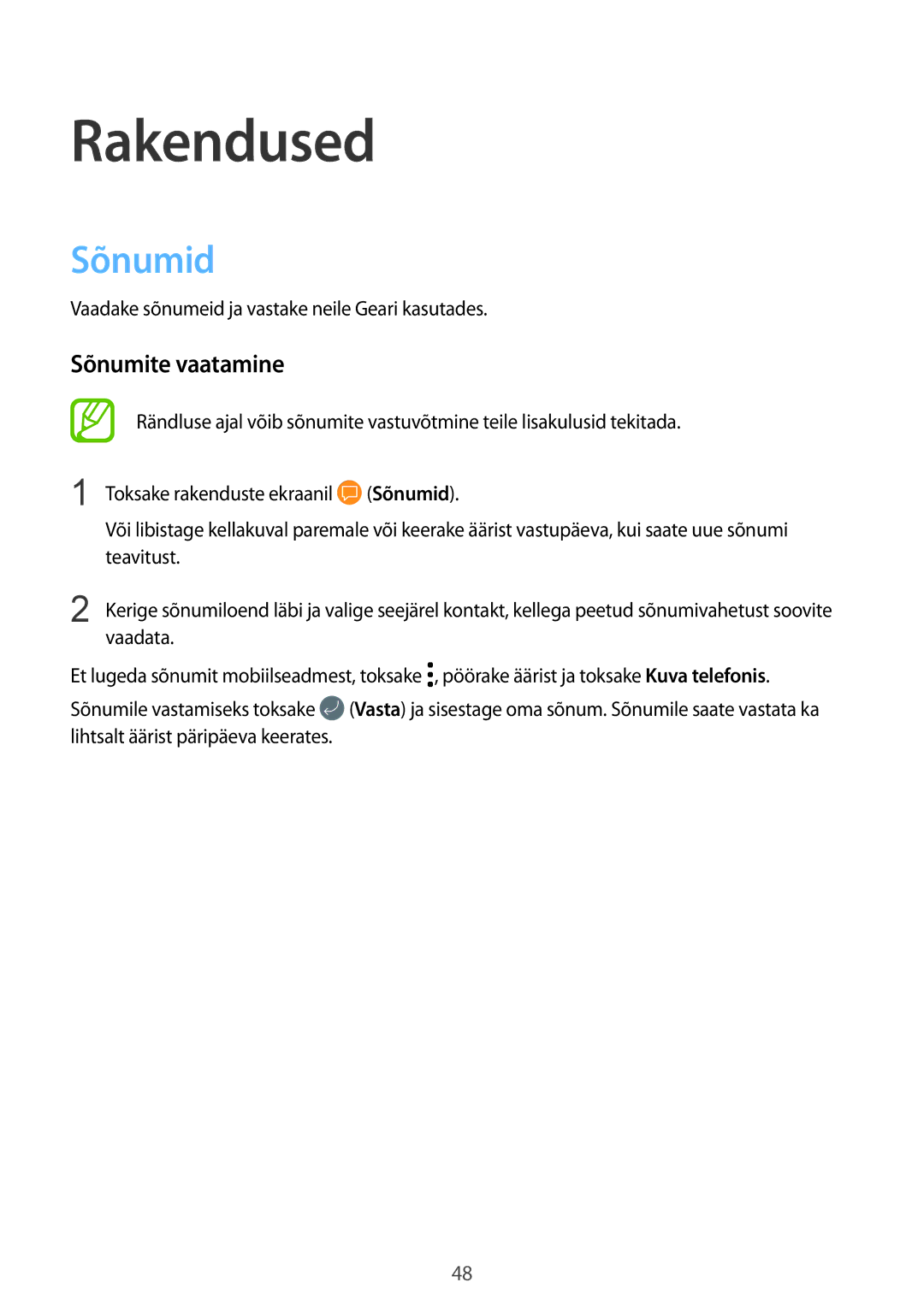 Samsung SM-R600NZKASEB, SM-R600NZBASEB manual Sõnumid, Sõnumite vaatamine, Vaadake sõnumeid ja vastake neile Geari kasutades 