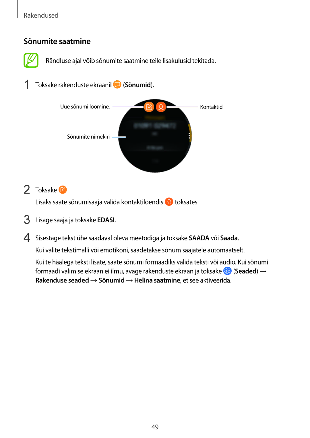 Samsung SM-R600NZBASEB, SM-R600NZKASEB manual Sõnumite saatmine, Sõnumid, Lisage saaja ja toksake Edasi 