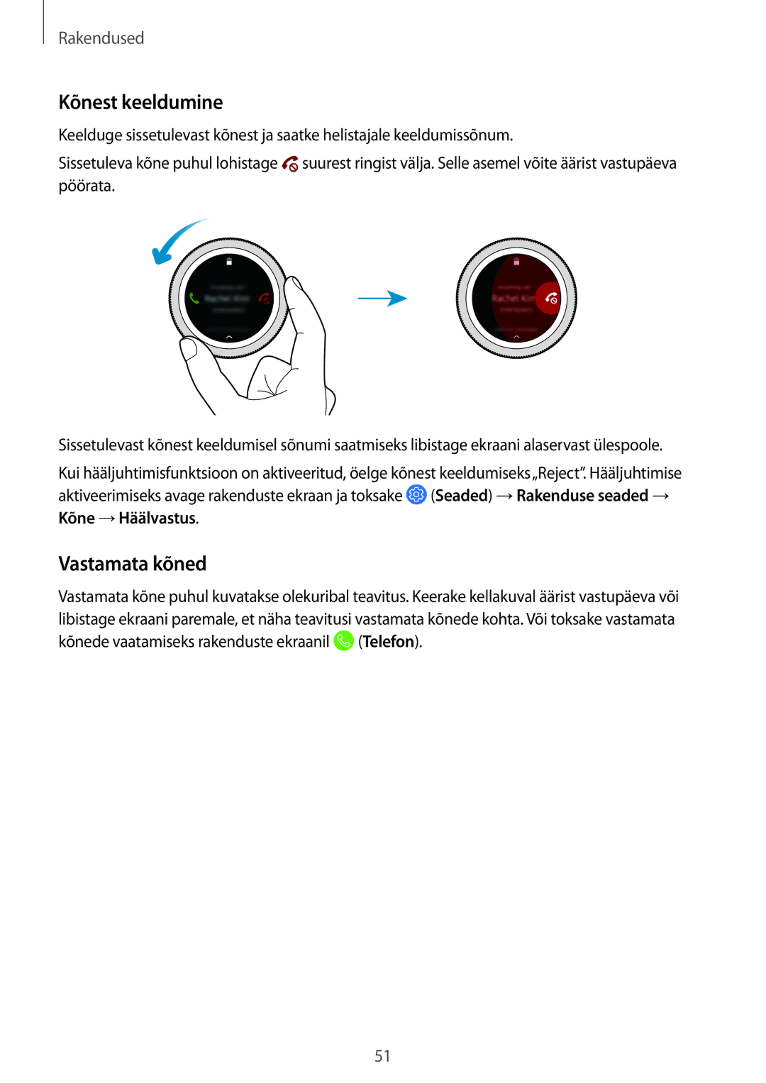 Samsung SM-R600NZBASEB, SM-R600NZKASEB manual Kõnest keeldumine, Vastamata kõned 