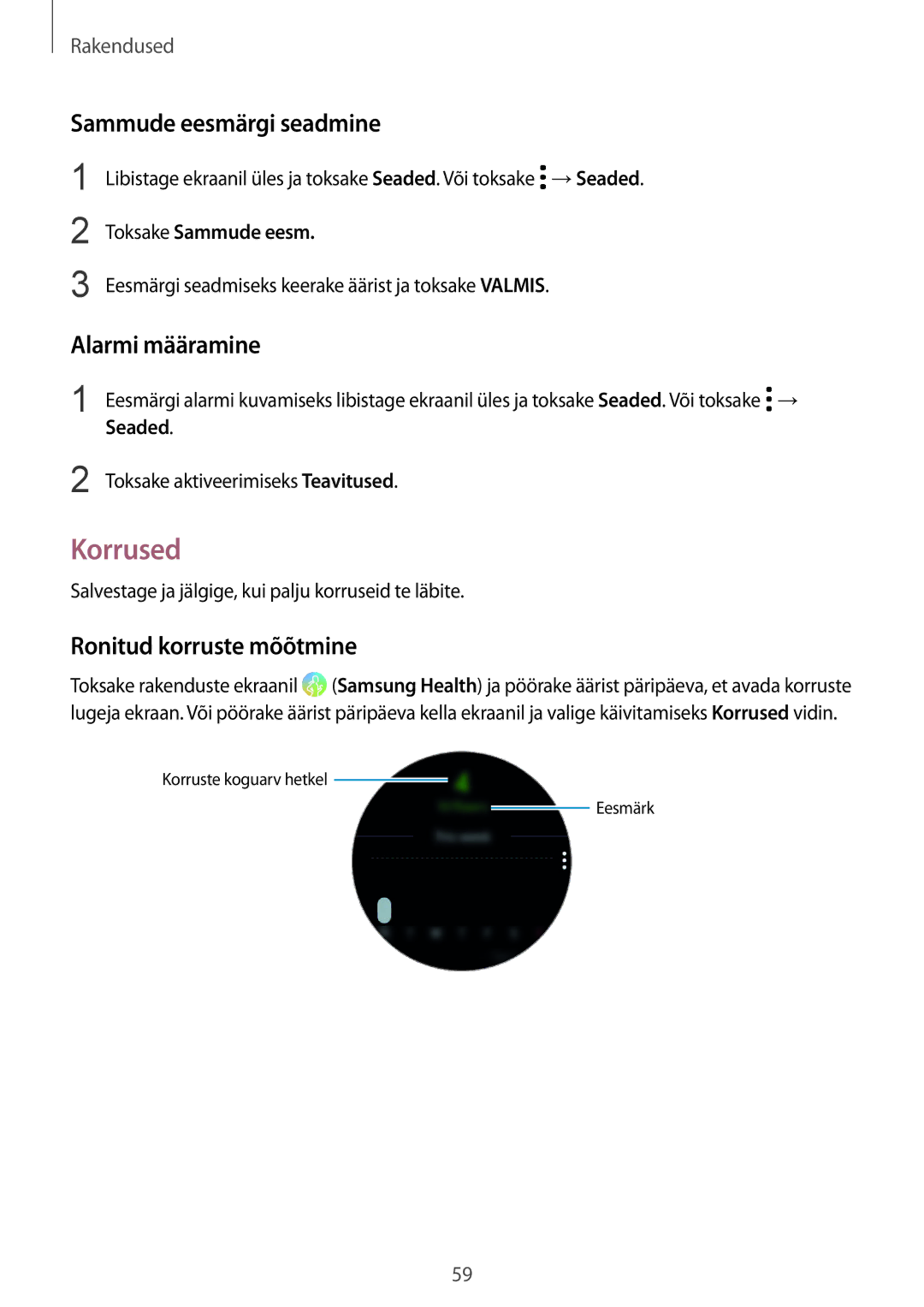 Samsung SM-R600NZBASEB, SM-R600NZKASEB Korrused, Sammude eesmärgi seadmine, Alarmi määramine, Ronitud korruste mõõtmine 