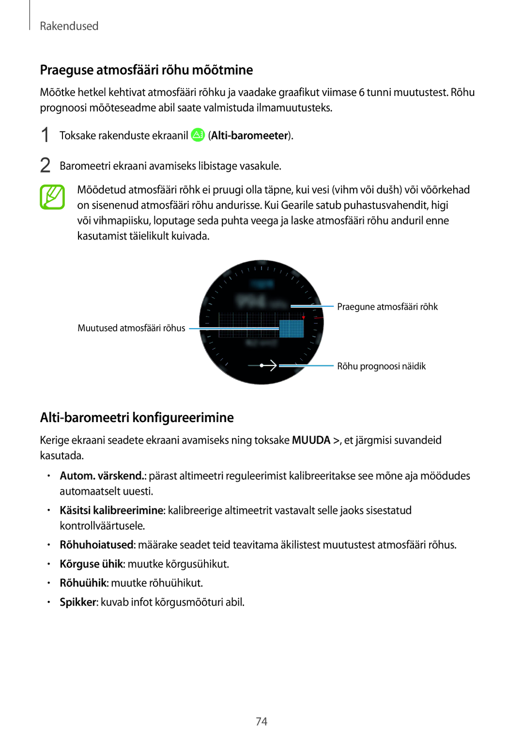 Samsung SM-R600NZKASEB, SM-R600NZBASEB manual Praeguse atmosfääri rõhu mõõtmine, Alti-baromeetri konfigureerimine 