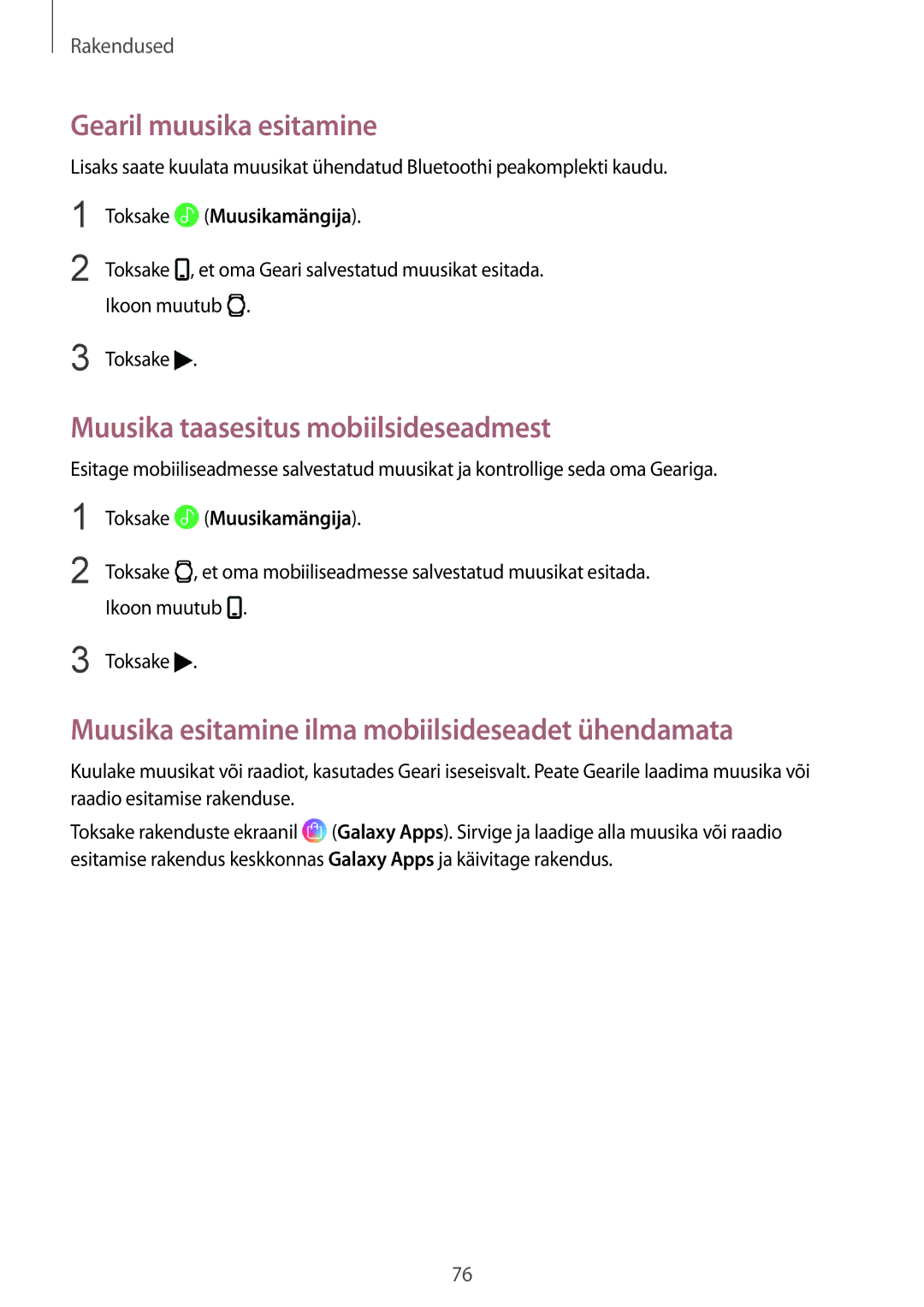 Samsung SM-R600NZKASEB manual Gearil muusika esitamine, Muusika taasesitus mobiilsideseadmest, Toksake Muusikamängija 