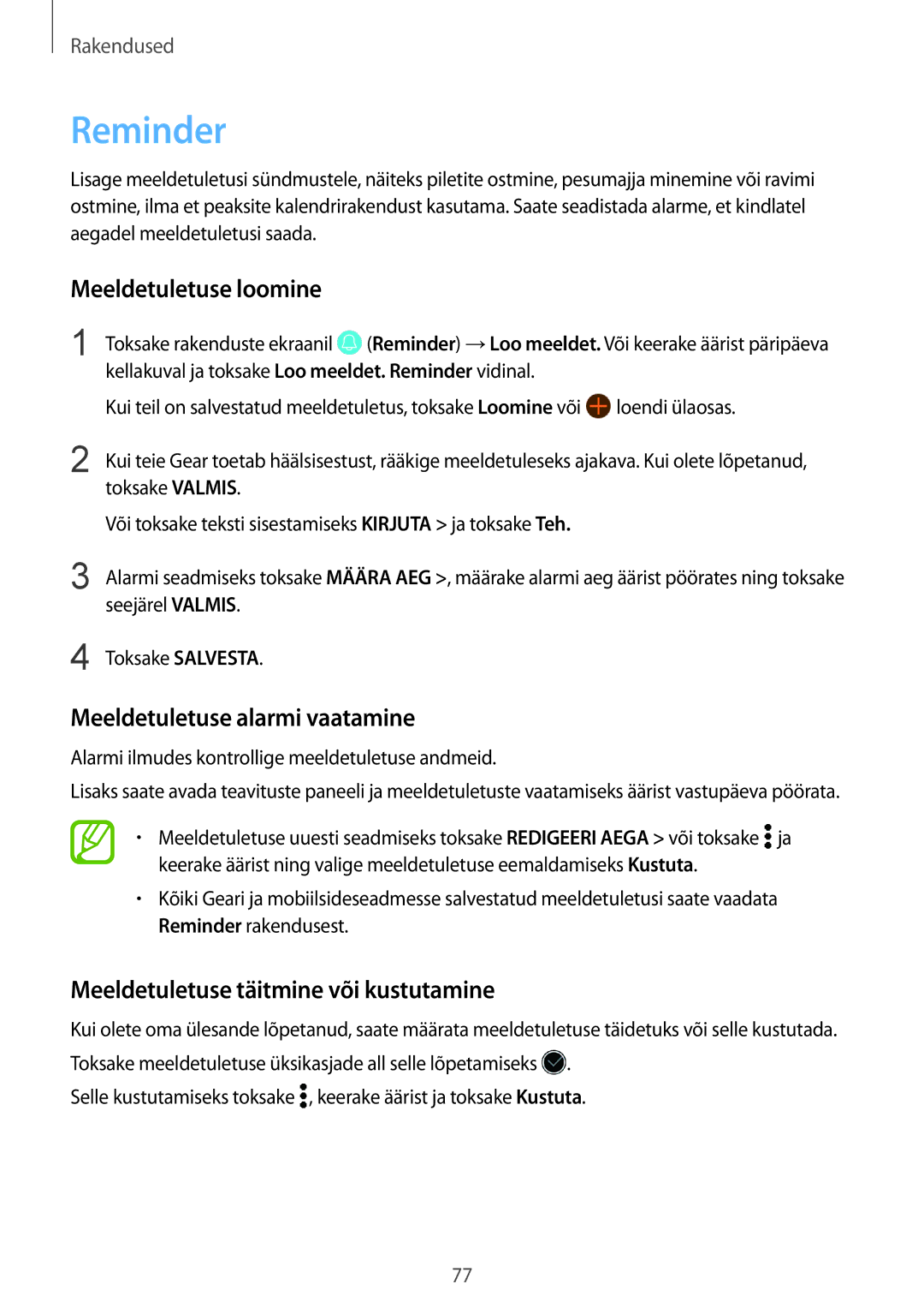 Samsung SM-R600NZBASEB, SM-R600NZKASEB manual Reminder, Meeldetuletuse loomine, Meeldetuletuse alarmi vaatamine 