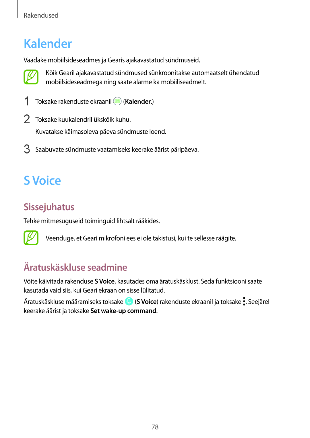 Samsung SM-R600NZKASEB, SM-R600NZBASEB manual Kalender, Voice, Äratuskäskluse seadmine 