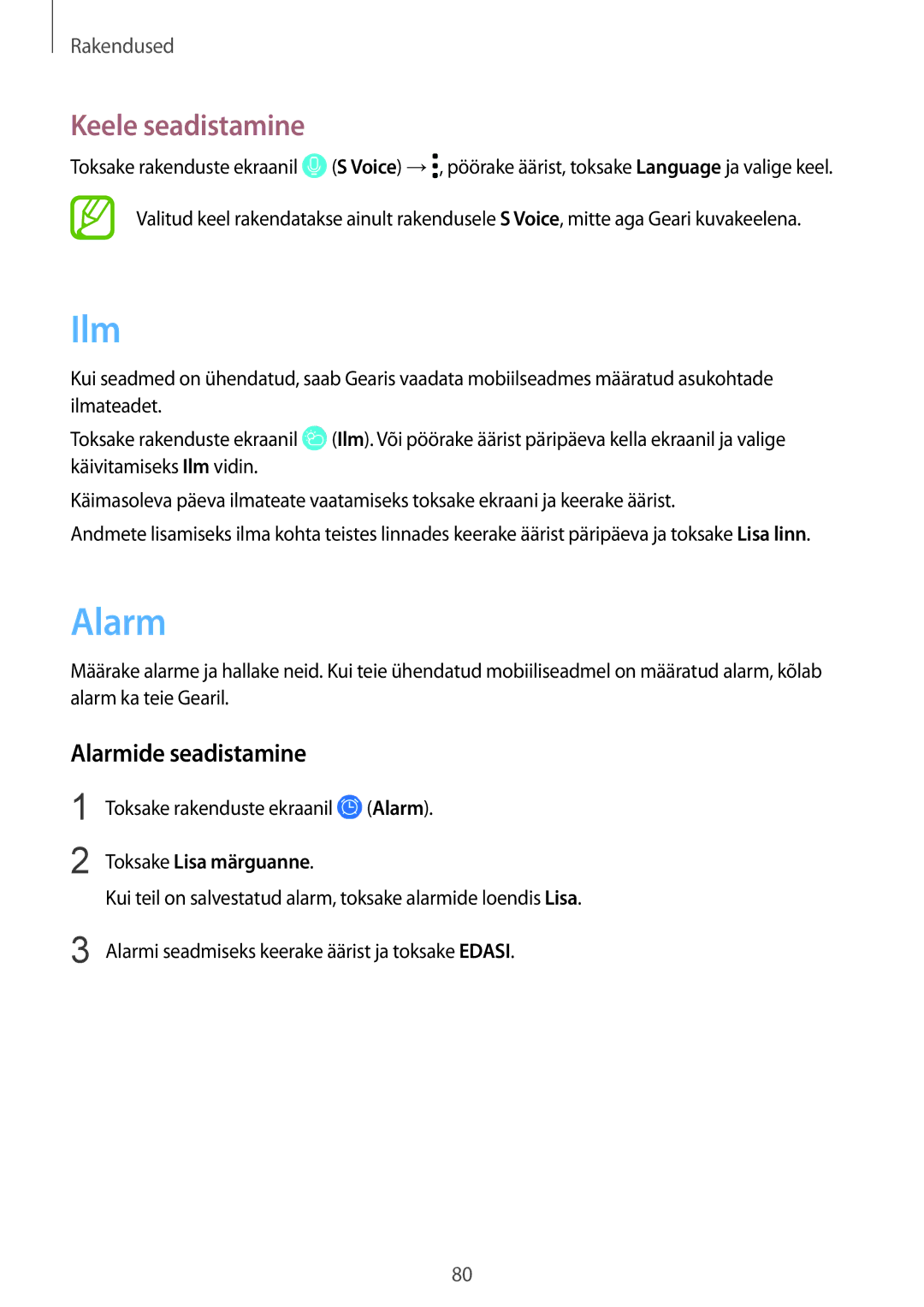 Samsung SM-R600NZKASEB, SM-R600NZBASEB manual Ilm, Keele seadistamine, Alarmide seadistamine, Toksake Lisa märguanne 