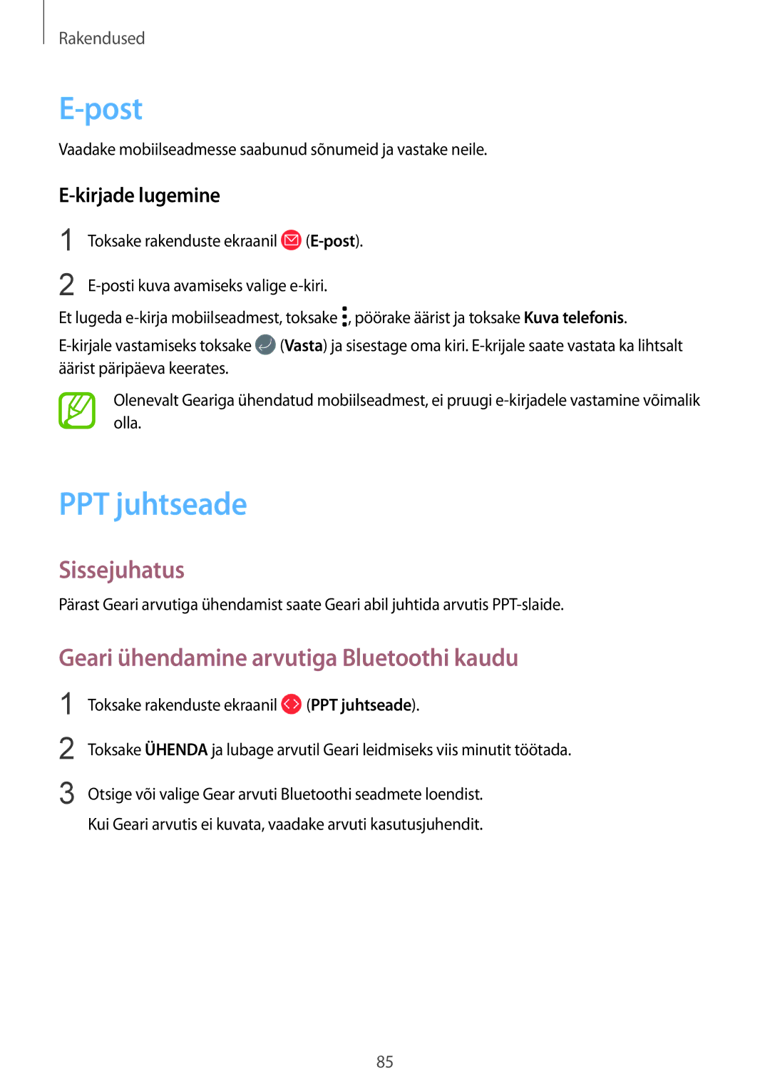 Samsung SM-R600NZBASEB, SM-R600NZKASEB Post, PPT juhtseade, Geari ühendamine arvutiga Bluetoothi kaudu, Kirjade lugemine 