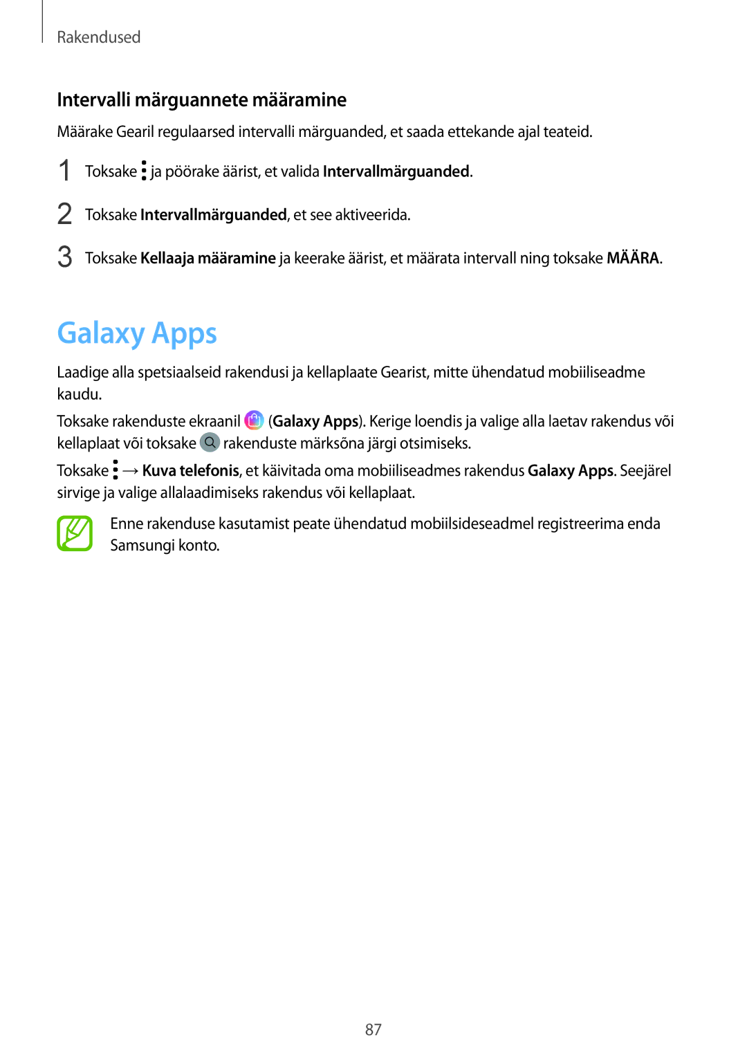 Samsung SM-R600NZBASEB, SM-R600NZKASEB manual Galaxy Apps, Intervalli märguannete määramine 