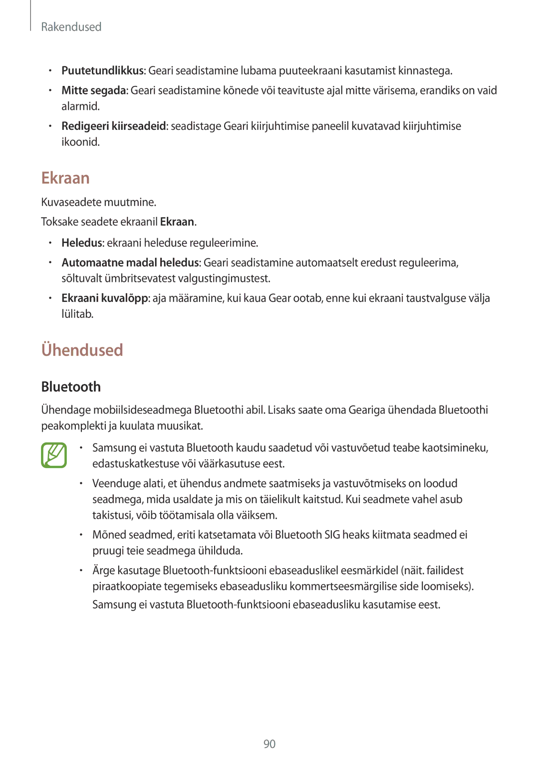 Samsung SM-R600NZKASEB, SM-R600NZBASEB manual Ekraan, Ühendused, Bluetooth 