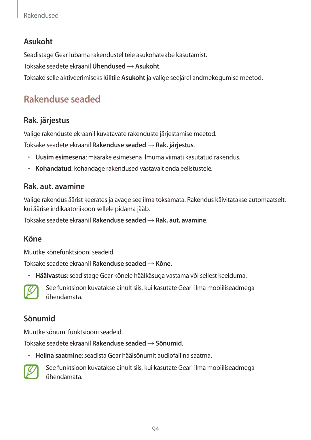 Samsung SM-R600NZKASEB, SM-R600NZBASEB manual Rakenduse seaded 