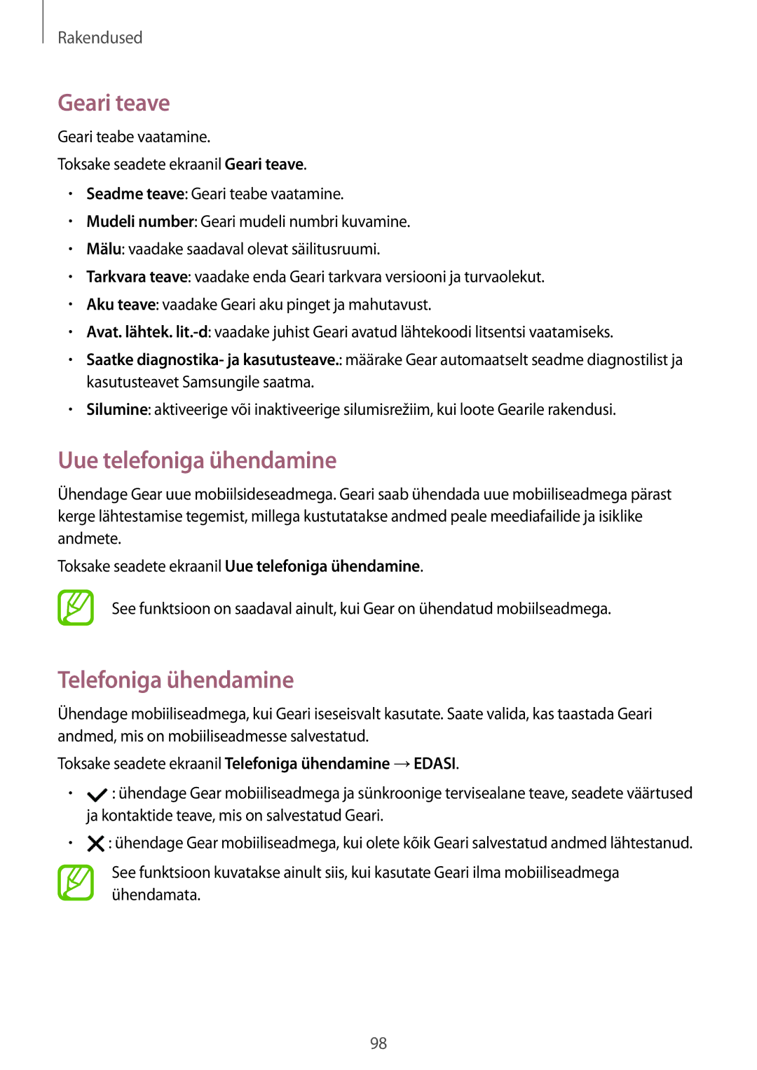 Samsung SM-R600NZKASEB, SM-R600NZBASEB manual Geari teave, Uue telefoniga ühendamine, Telefoniga ühendamine 