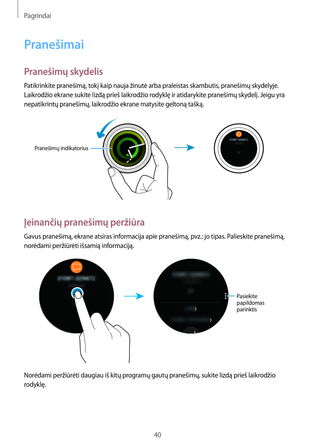 Samsung SM-R600NZKASEB, SM-R600NZBASEB manual Pranešimai, Pranešimų skydelis, Įeinančių pranešimų peržiūra 