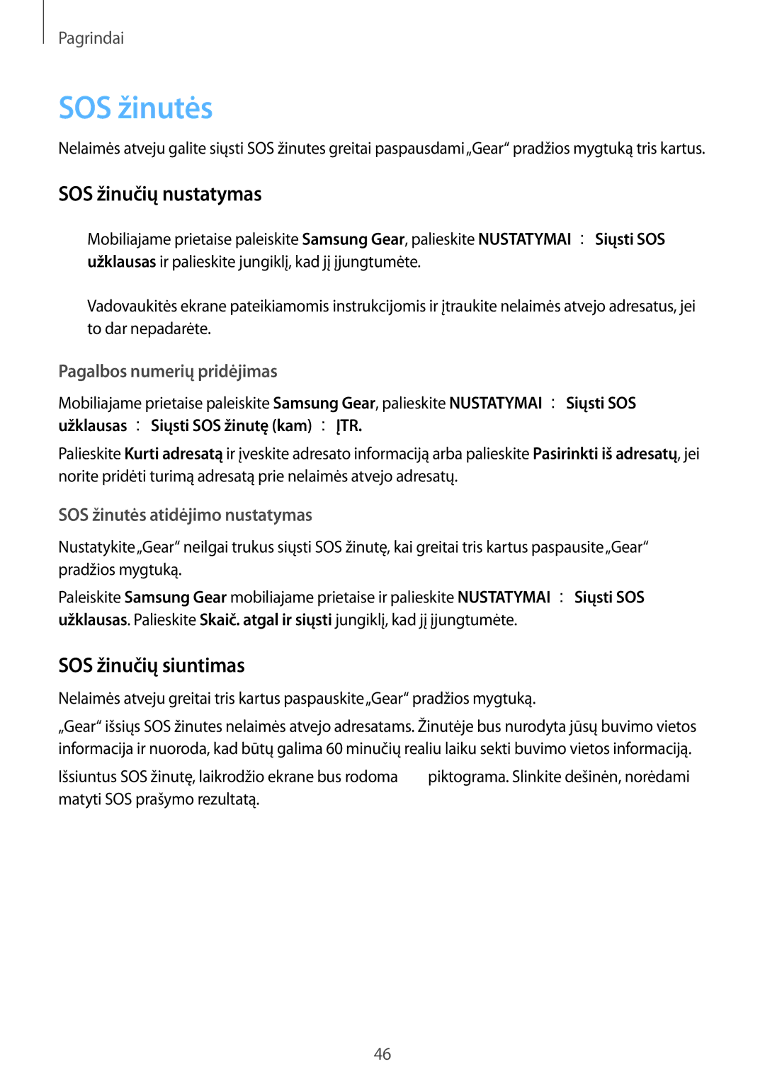 Samsung SM-R600NZKASEB, SM-R600NZBASEB manual SOS žinutės, SOS žinučių nustatymas, SOS žinučių siuntimas 