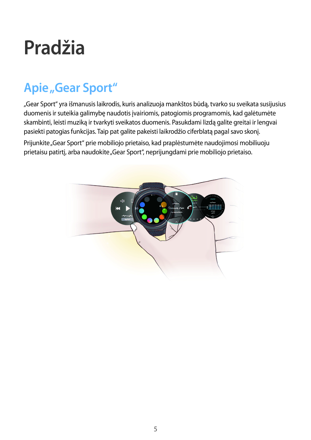 Samsung SM-R600NZBASEB, SM-R600NZKASEB manual Pradžia, Apie„Gear Sport 