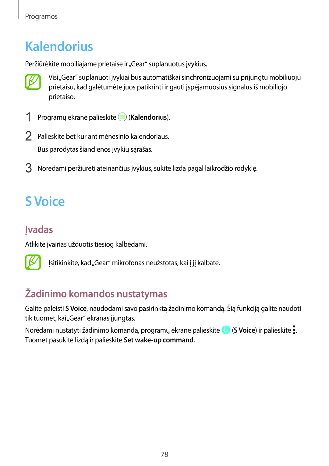 Samsung SM-R600NZKASEB, SM-R600NZBASEB manual Kalendorius, Voice, Žadinimo komandos nustatymas 