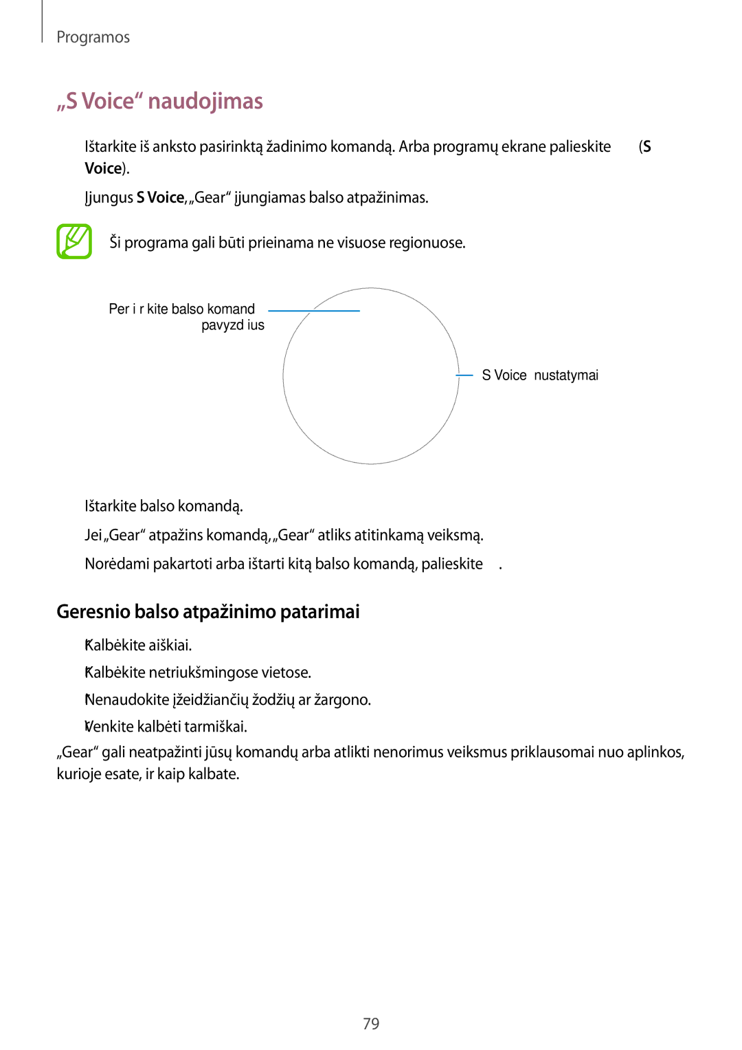 Samsung SM-R600NZBASEB, SM-R600NZKASEB manual „S Voice naudojimas, Geresnio balso atpažinimo patarimai 