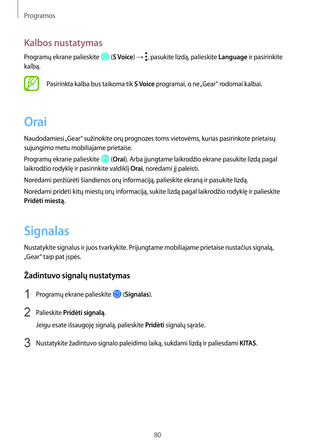 Samsung SM-R600NZKASEB manual Orai, Signalas, Kalbos nustatymas, Žadintuvo signalų nustatymas, Palieskite Pridėti signalą 