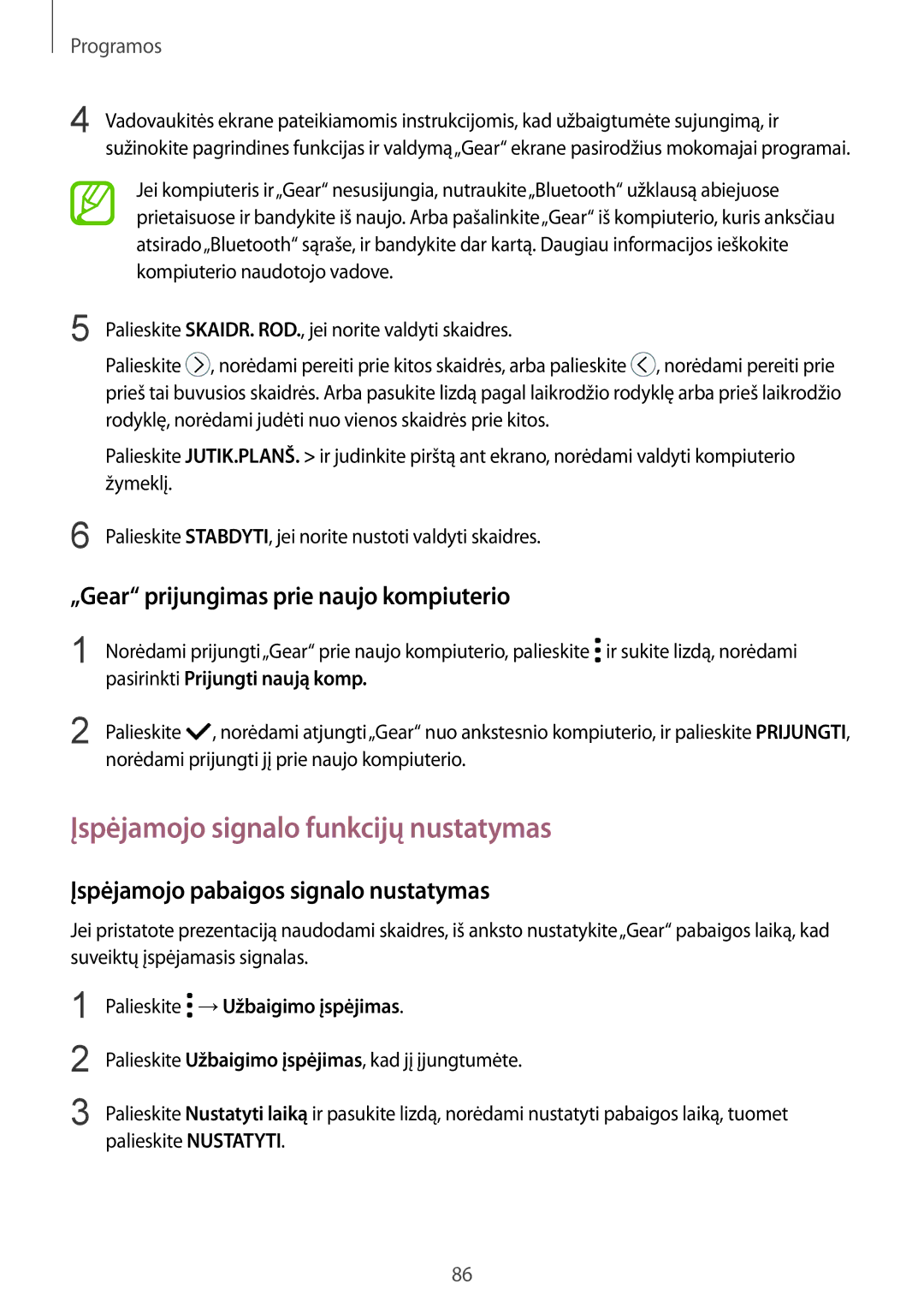 Samsung SM-R600NZKASEB, SM-R600NZBASEB Įspėjamojo signalo funkcijų nustatymas, „Gear prijungimas prie naujo kompiuterio 