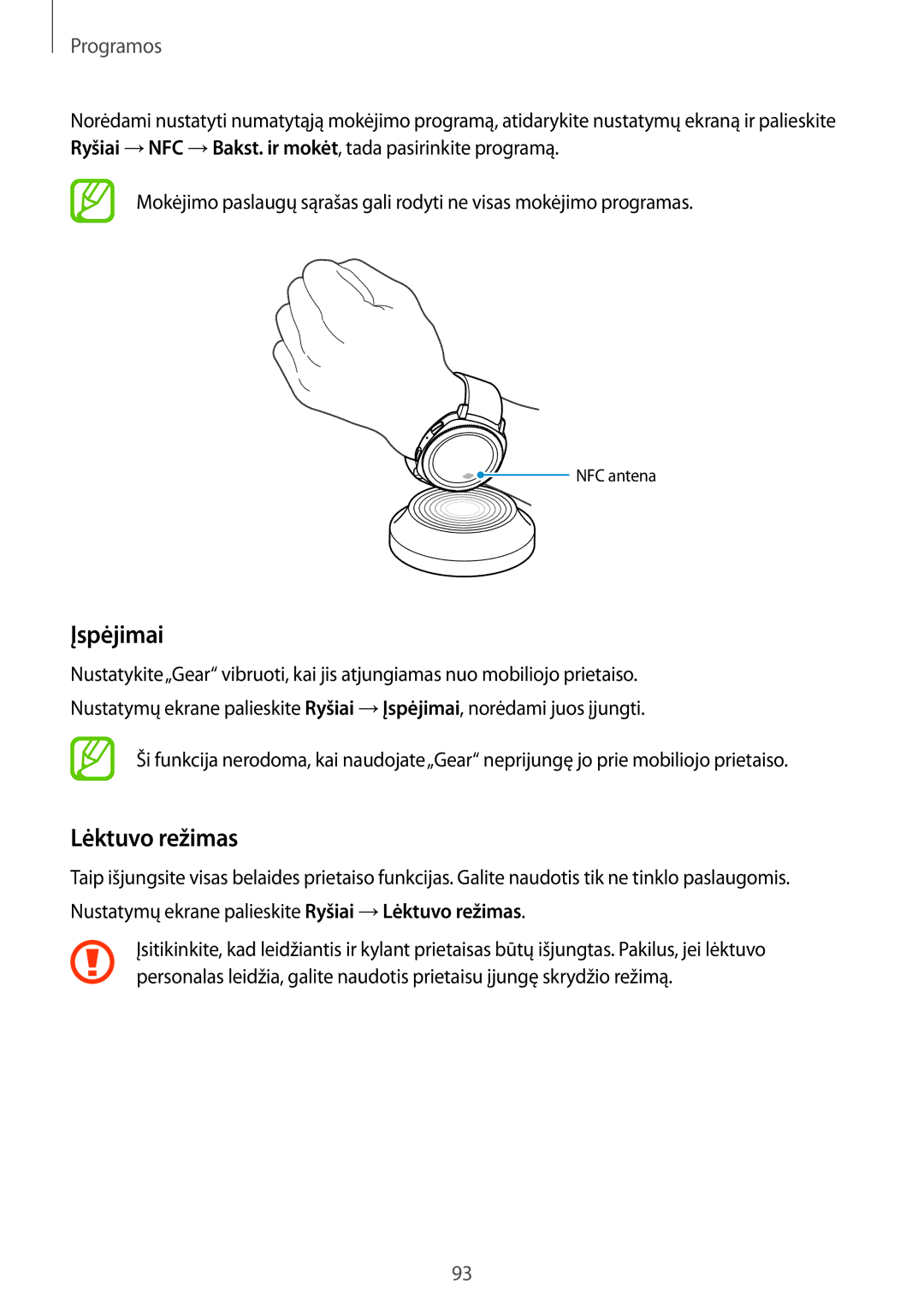 Samsung SM-R600NZBASEB, SM-R600NZKASEB manual Įspėjimai, Lėktuvo režimas 