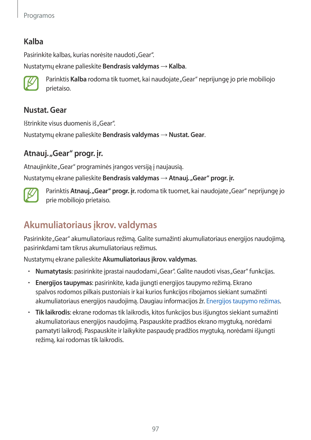 Samsung SM-R600NZBASEB, SM-R600NZKASEB manual Akumuliatoriaus įkrov. valdymas, Kalba, Nustat. Gear, Atnauj.„Gear progr. įr 