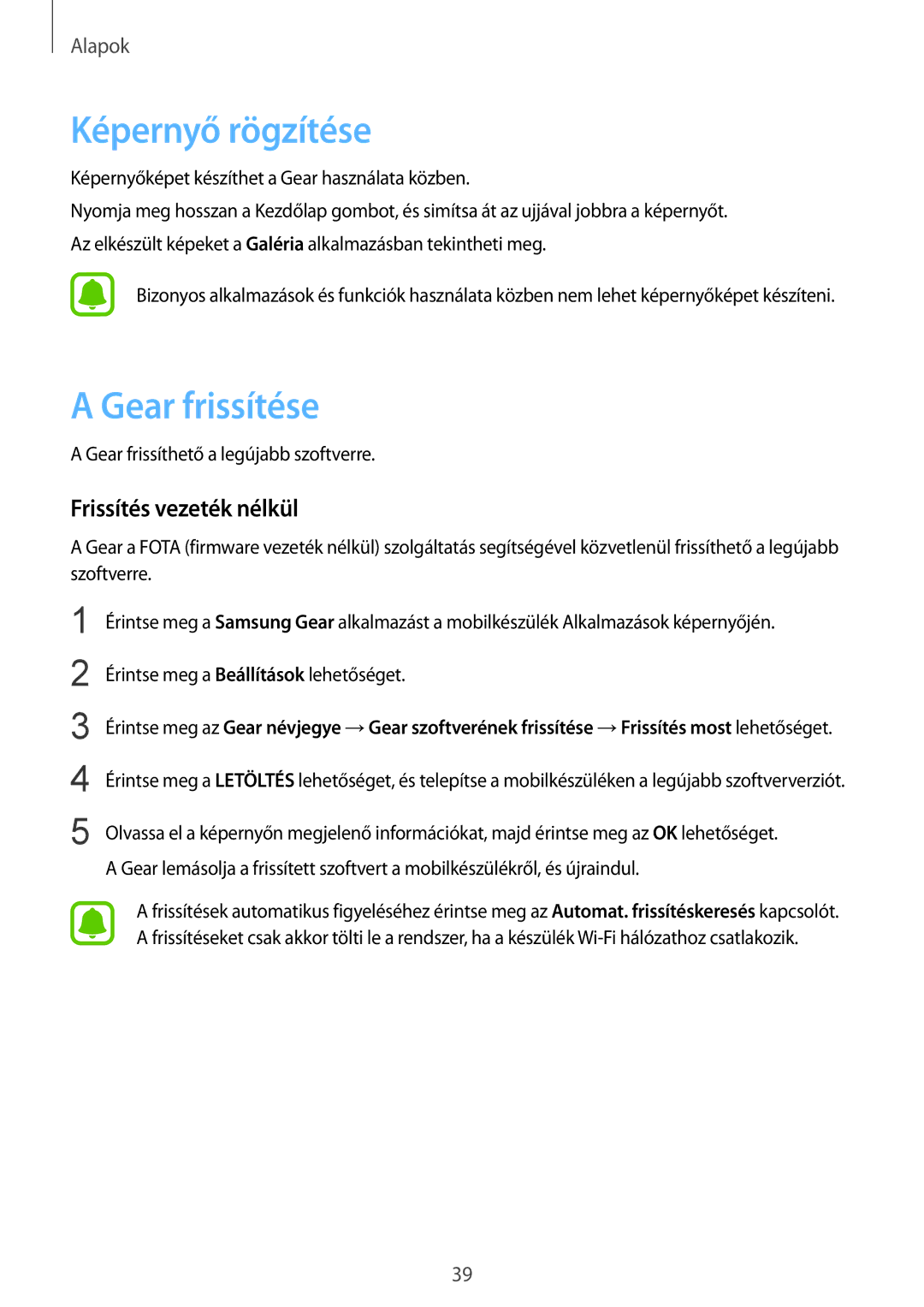 Samsung SM-R7200ZKAXEH, SM-R7200ZWAXEH, SM-R7320ZKAXEH manual Képernyő rögzítése, Gear frissítése, Frissítés vezeték nélkül 