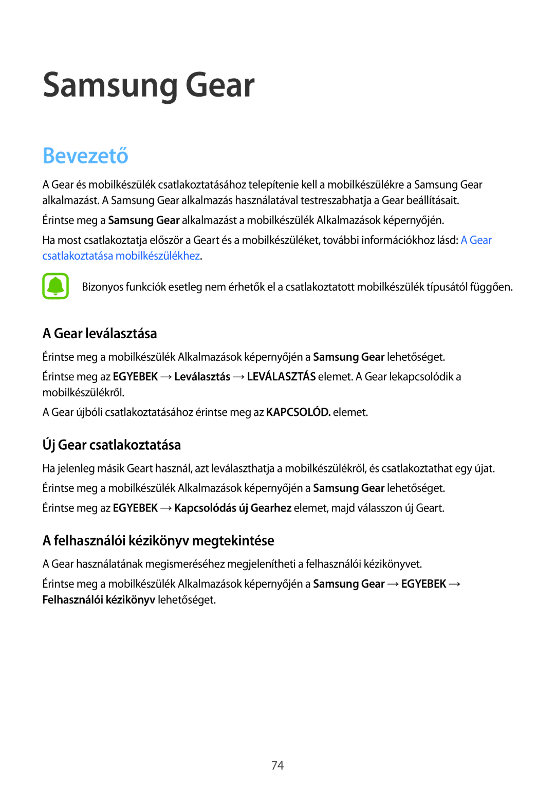 Samsung SM-R7320ZKAXEH manual Bevezető, Gear leválasztása, Új Gear csatlakoztatása, Felhasználói kézikönyv megtekintése 