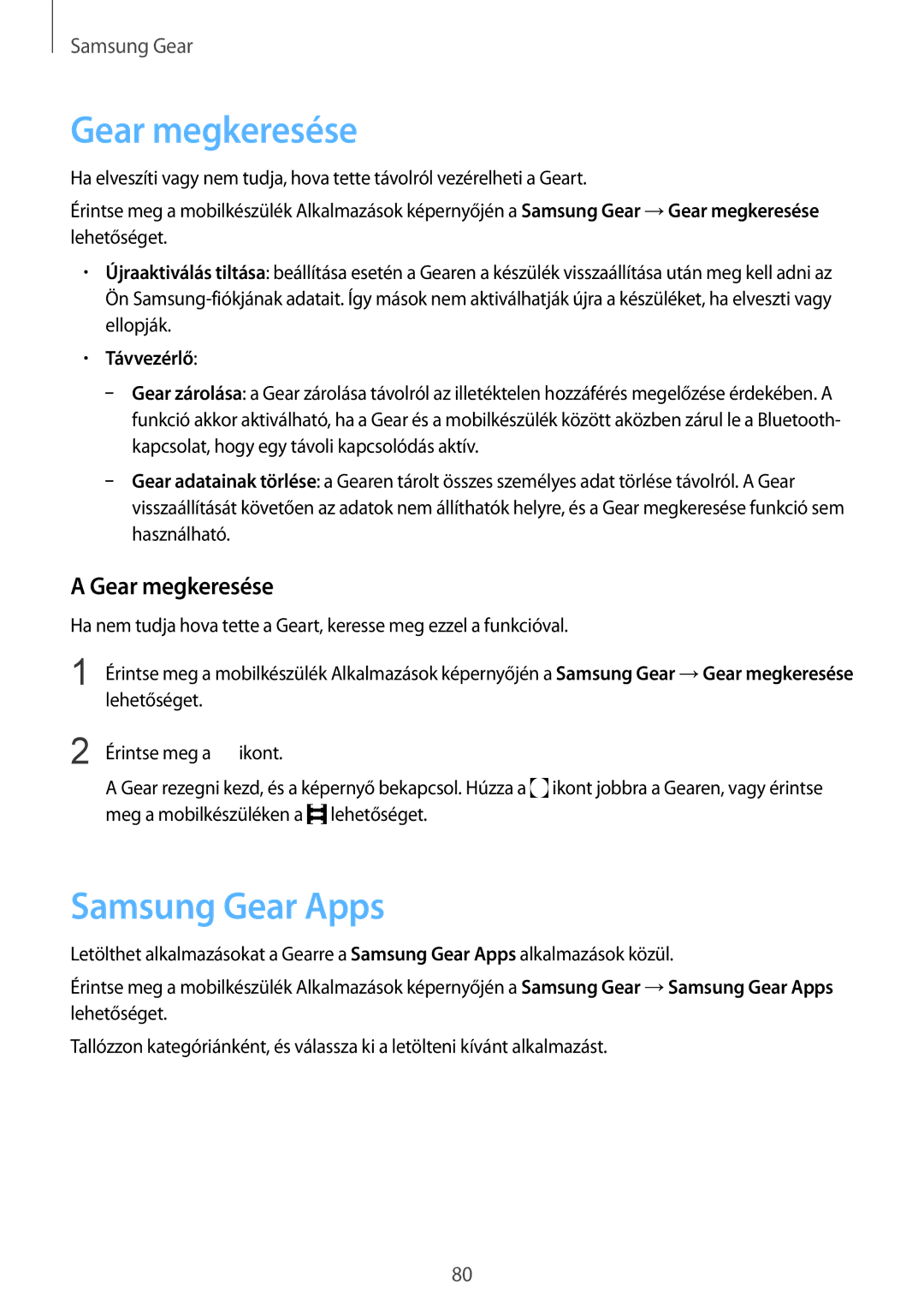 Samsung SM-R7320ZKAXEH, SM-R7200ZKAXEH, SM-R7200ZWAXEH manual Gear megkeresése, Samsung Gear Apps 