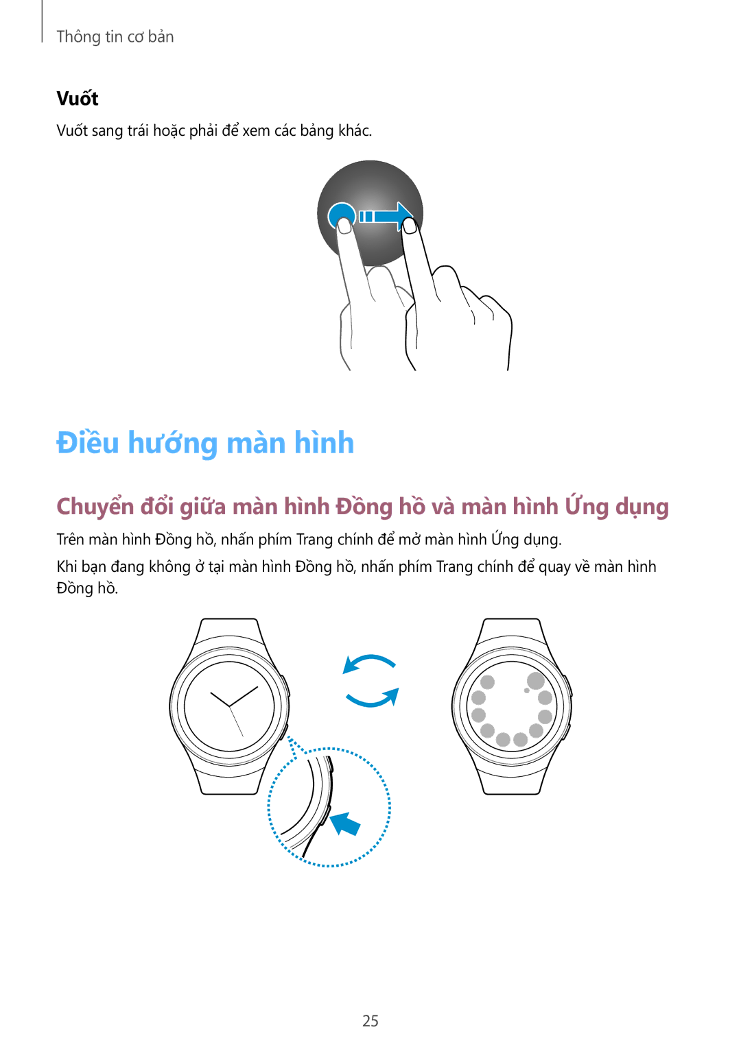 Samsung SM-R7200ZKAXXV manual Điều hướng màn hình, Chuyển đổi giữa màn hình Đồng hồ và màn hình Ứng dụng, Vuốt 