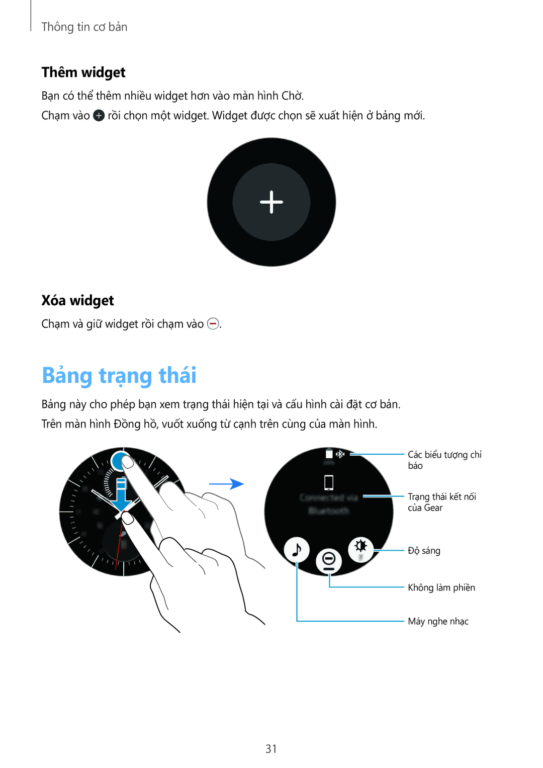 Samsung SM-R7200ZKAXXV manual Bảng trạng thái, Thêm widget, Xóa widget 