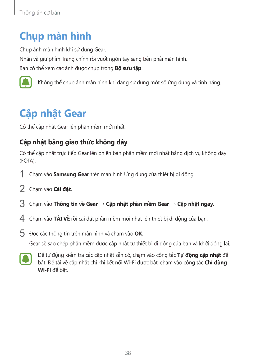Samsung SM-R7200ZKAXXV manual Chụp màn hình, Cập nhật Gear, Cập nhật bằng giao thức không dây 
