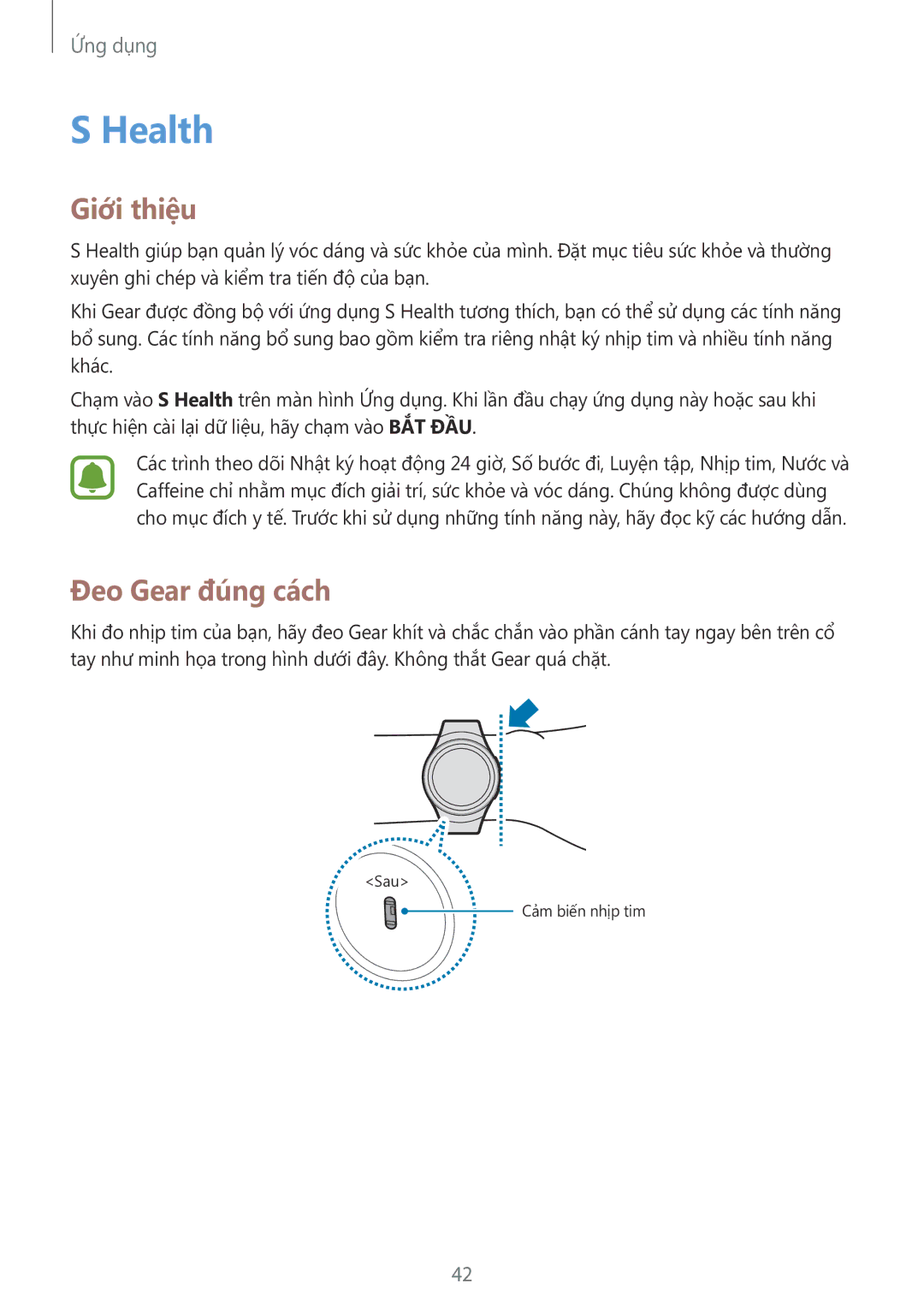 Samsung SM-R7200ZKAXXV manual Health, Đeo Gear đúng cách 