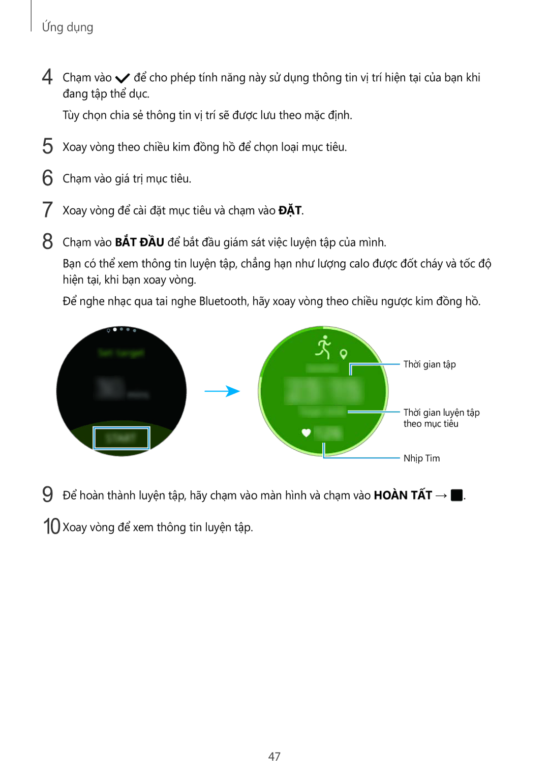 Samsung SM-R7200ZKAXXV manual Thời gian tập Thời gian luyện tập theo mục tiêu Nhịp Tim 