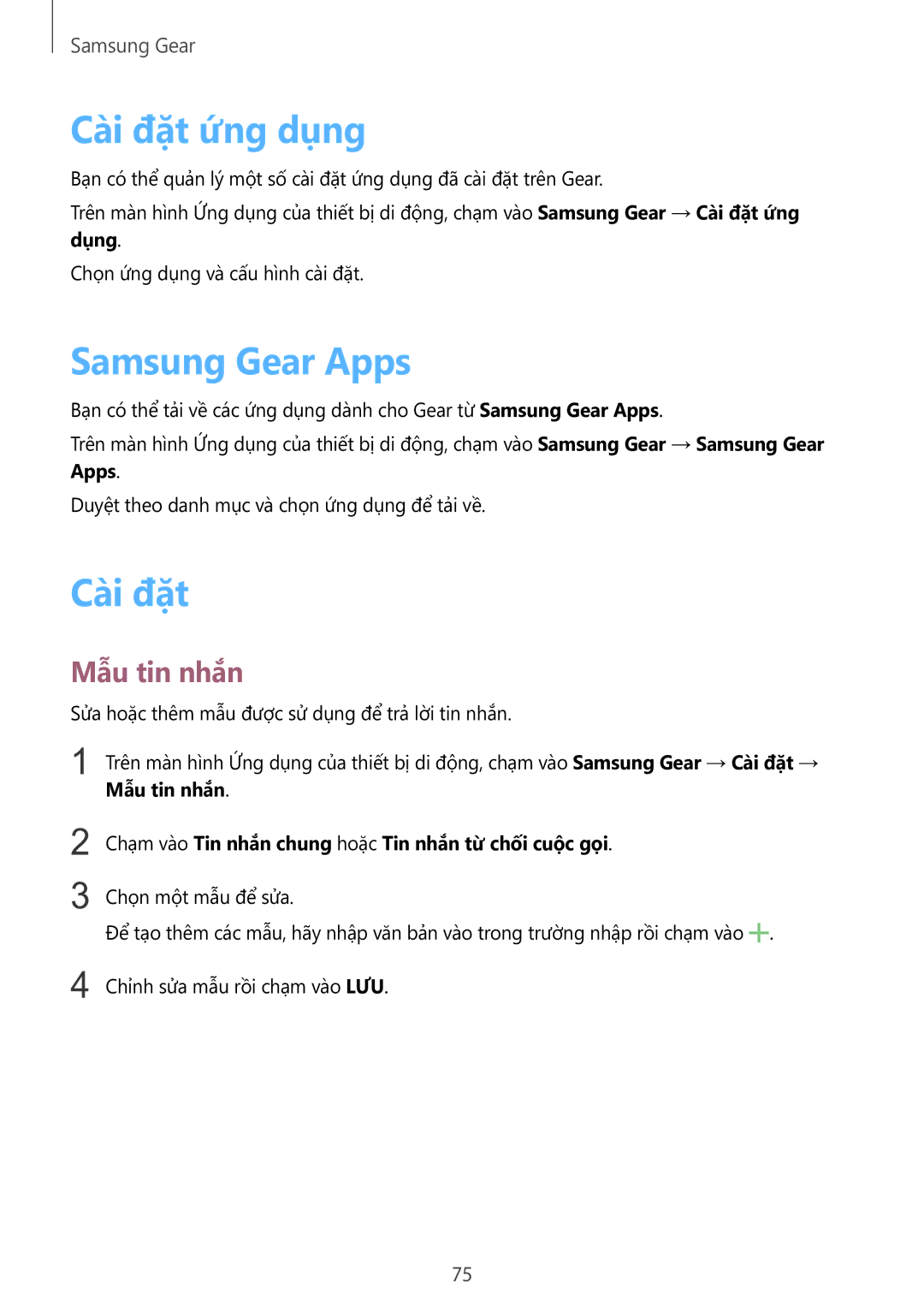 Samsung SM-R7200ZKAXXV manual Cài đặt ứng dụng, Samsung Gear Apps, Mẫu tin nhắn 