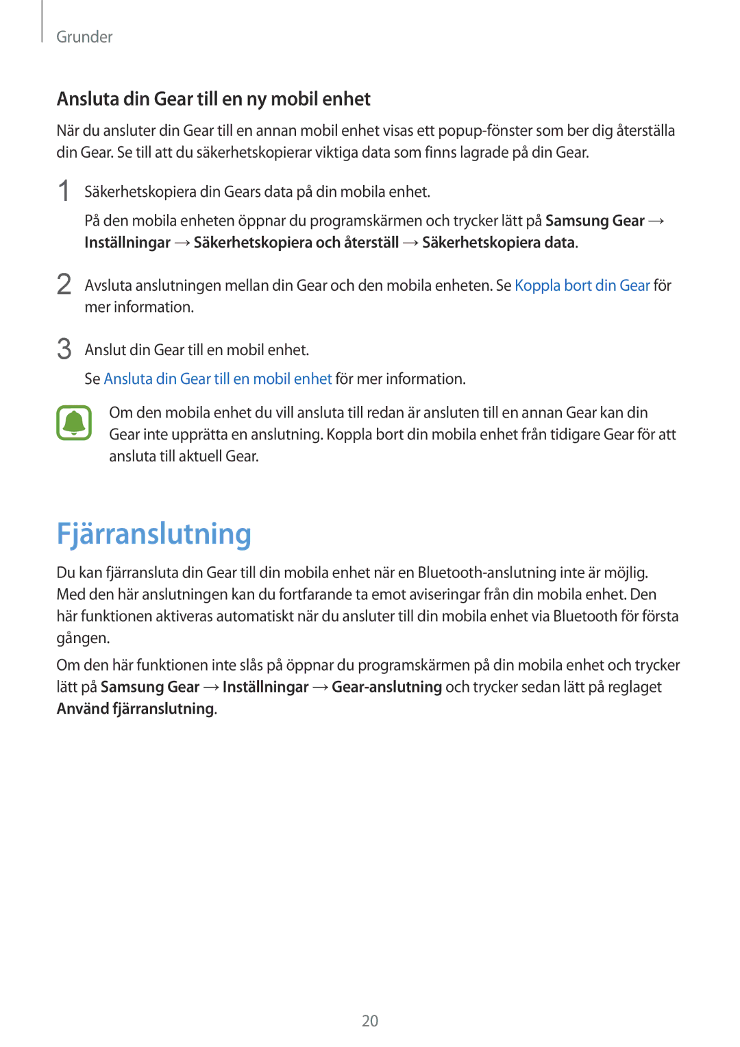 Samsung SM-R7200ZWANEE, SM-R7320WDANEE, SM-R7200ZKANEE manual Fjärranslutning, Ansluta din Gear till en ny mobil enhet 