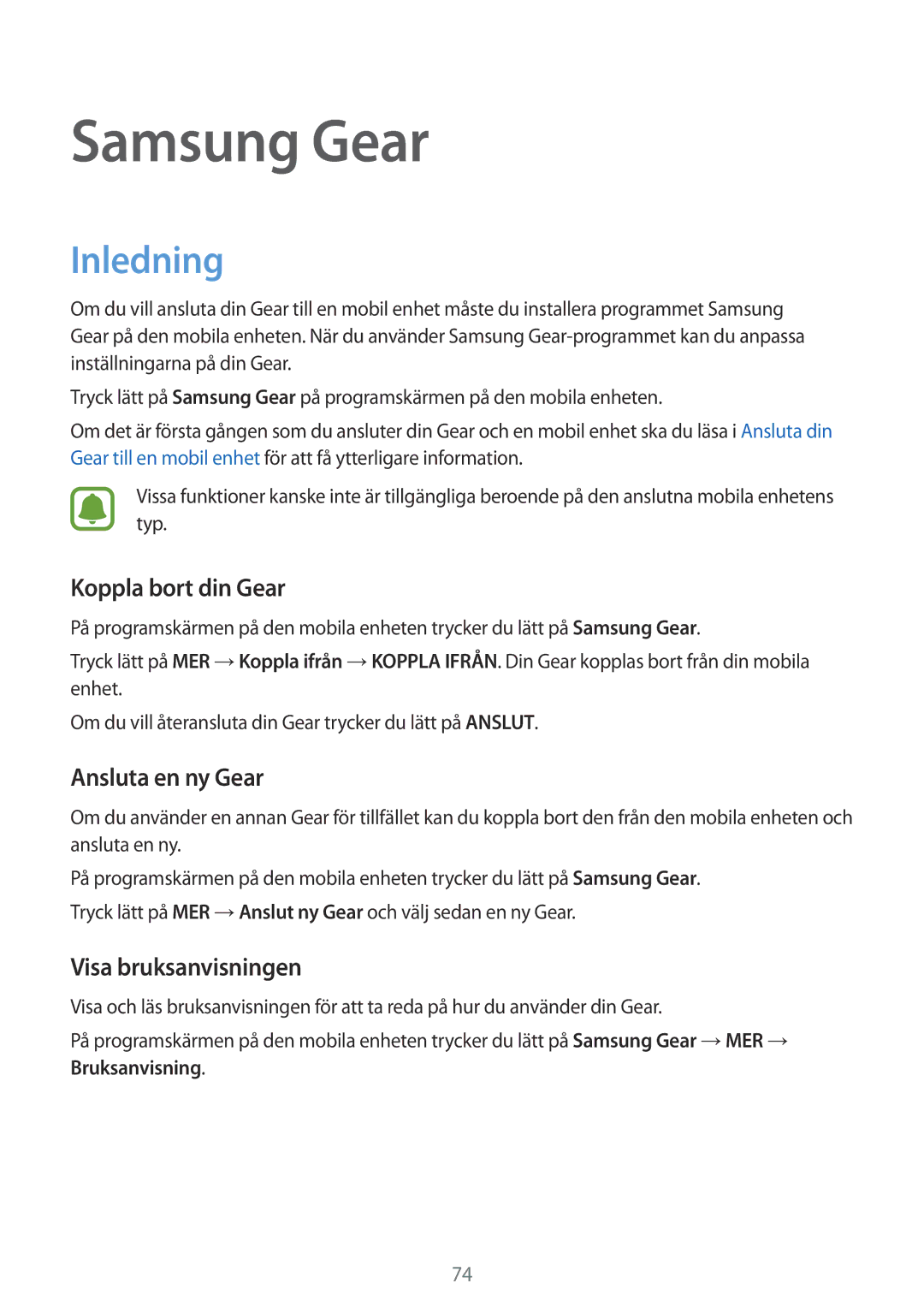 Samsung SM-R7320ZDANEE, SM-R7200ZWANEE Koppla bort din Gear, Ansluta en ny Gear, Visa bruksanvisningen, Bruksanvisning 