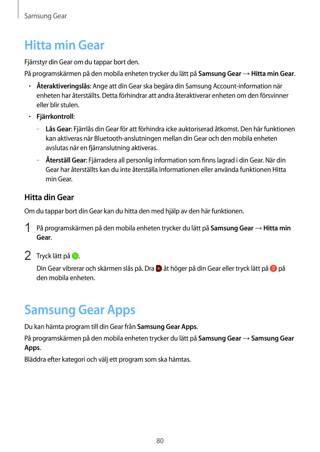 Samsung SM-R7200ZWANEE, SM-R7320WDANEE, SM-R7200ZKANEE Hitta min Gear, Samsung Gear Apps, Hitta din Gear, Fjärrkontroll 