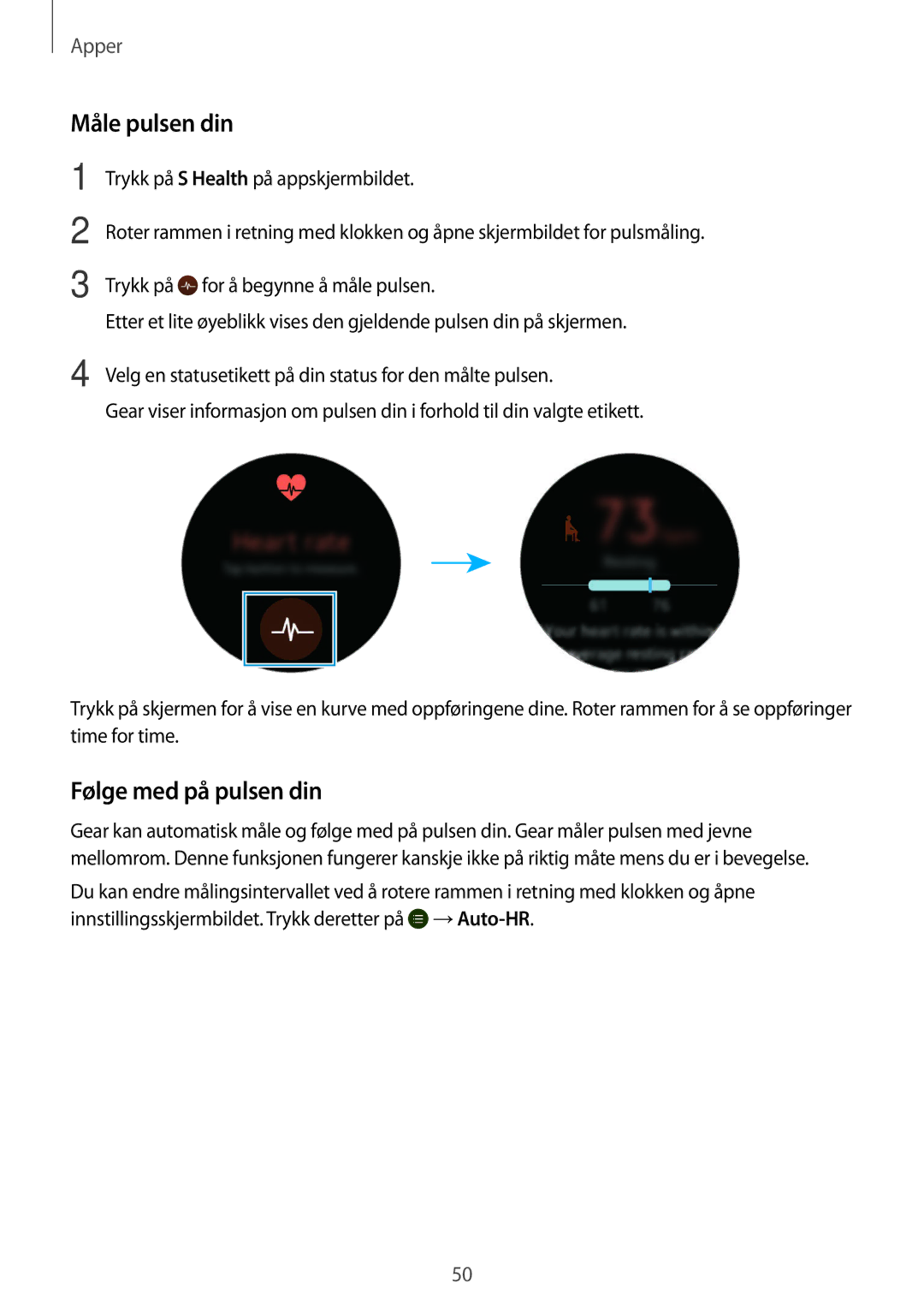 Samsung SM-R7200ZWANEE, SM-R7320WDANEE, SM-R7200ZKANEE, SM-R7320ZKANEE manual Måle pulsen din, Følge med på pulsen din 