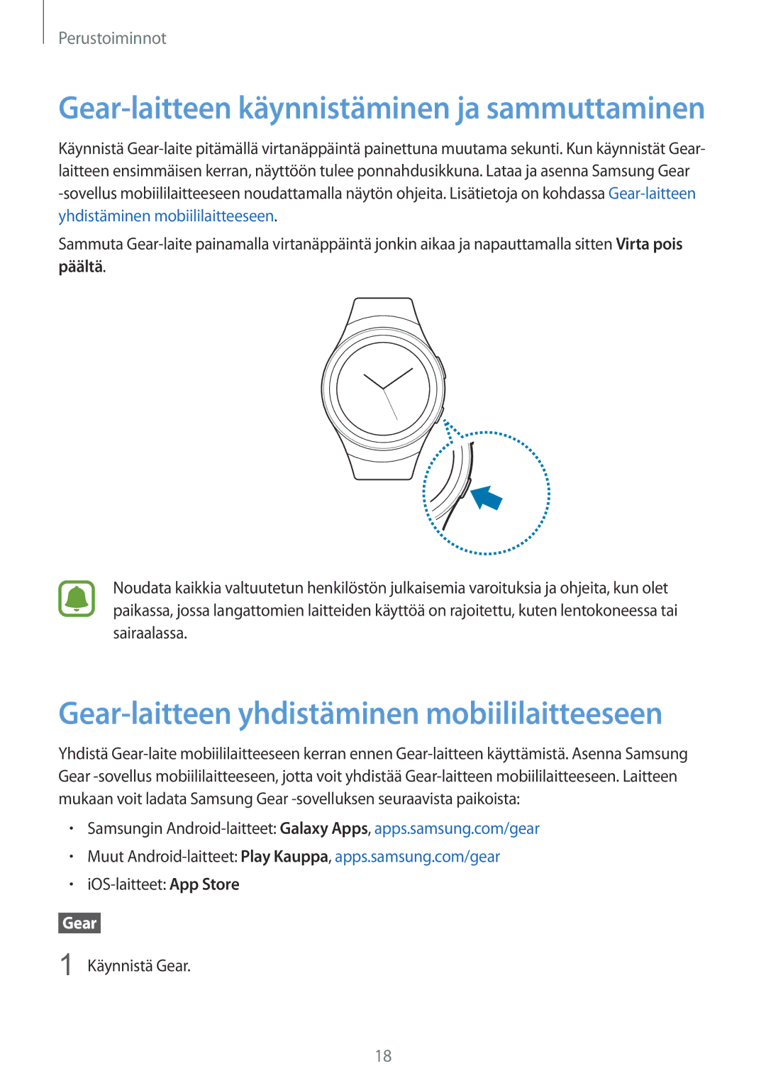 Samsung SM-R7320ZKANEE manual Gear-laitteen yhdistäminen mobiililaitteeseen, Päältä, IOS-laitteet App Store, Käynnistä Gear 