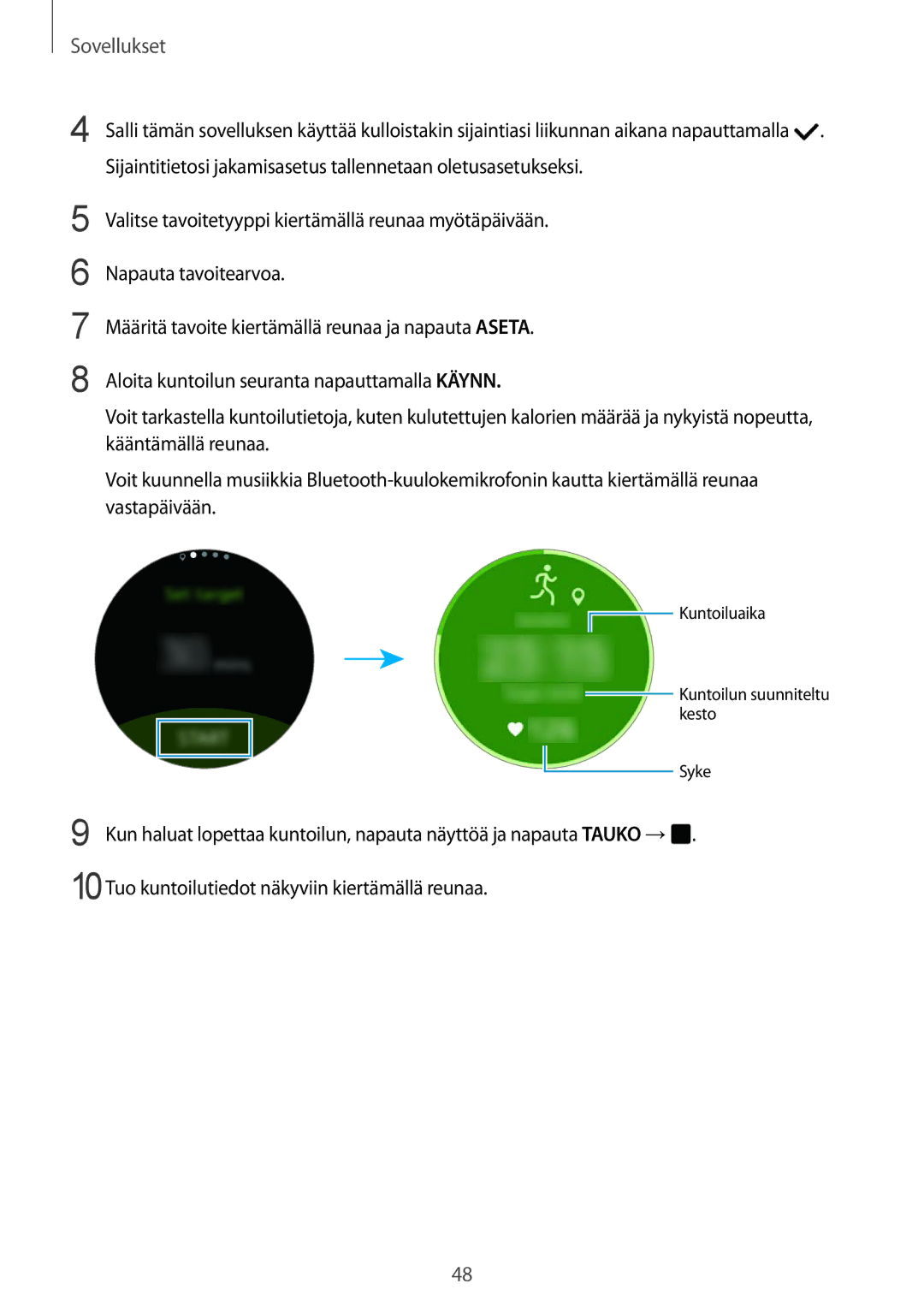 Samsung SM-R7320ZKANEE, SM-R7200ZWANEE, SM-R7320WDANEE, SM-R7200ZKANEE manual Kuntoiluaika Kuntoilun suunniteltu kesto Syke 