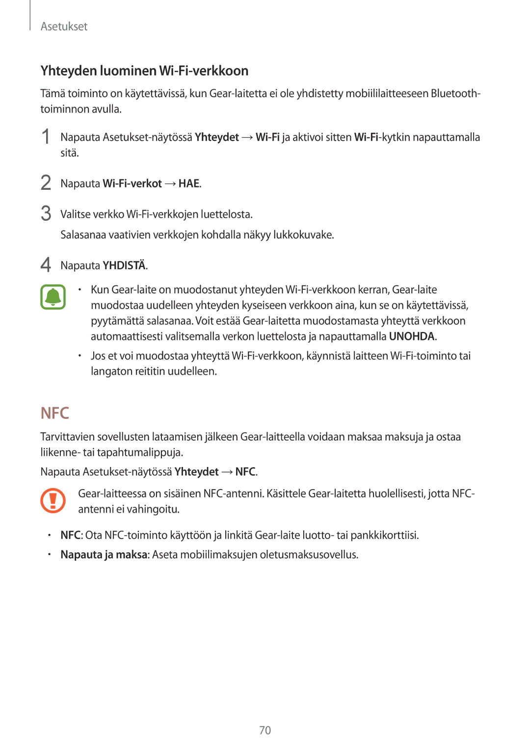 Samsung SM-R7200ZWANEE, SM-R7320WDANEE, SM-R7200ZKANEE manual Yhteyden luominen Wi-Fi-verkkoon, Napauta Wi-Fi-verkot →HAE 