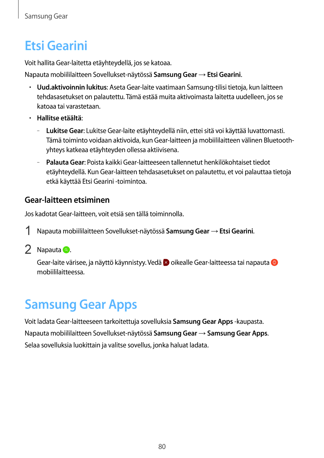 Samsung SM-R7200ZWANEE, SM-R7320WDANEE manual Etsi Gearini, Samsung Gear Apps, Gear-laitteen etsiminen, Hallitse etäältä 