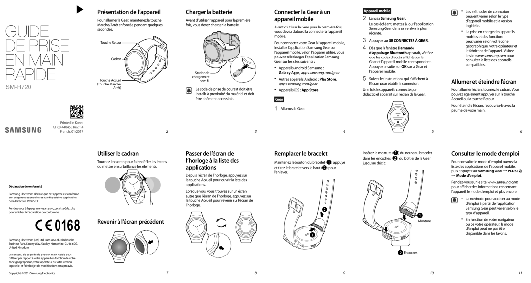 Samsung SM-R7200ZKAXEF manual Présentation de l’appareil, Charger la batterie, Utiliser le cadran, Remplacer le bracelet 