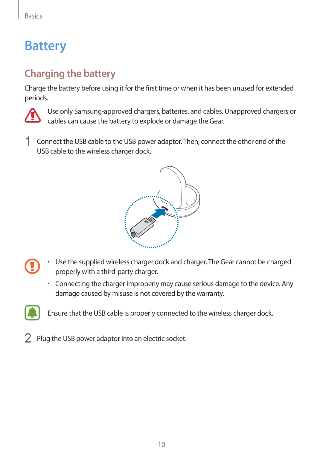 Samsung SM-R7200ZKAKDI, SM-R7200ZWAXJP, SM-R7200ZKADCM, SM-R7200ZKAXJP, SM-R7200ZWAKSA manual Battery, Charging the battery 