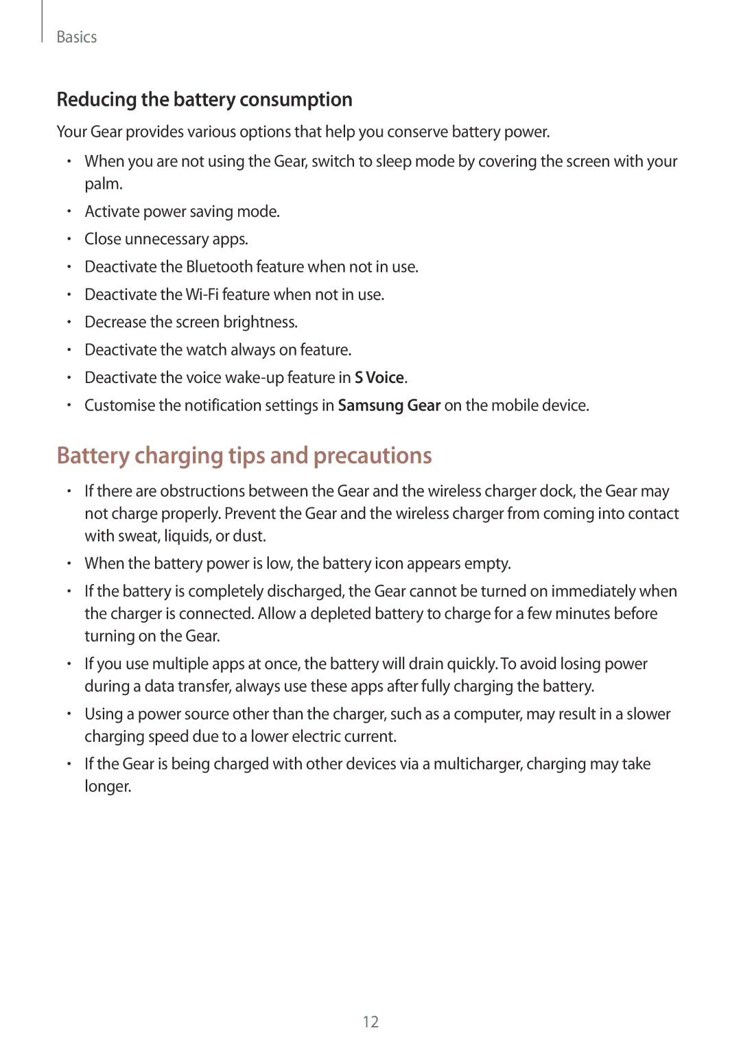 Samsung SM-R7200ZKAXJP, SM-R7200ZWAXJP manual Battery charging tips and precautions, Reducing the battery consumption 